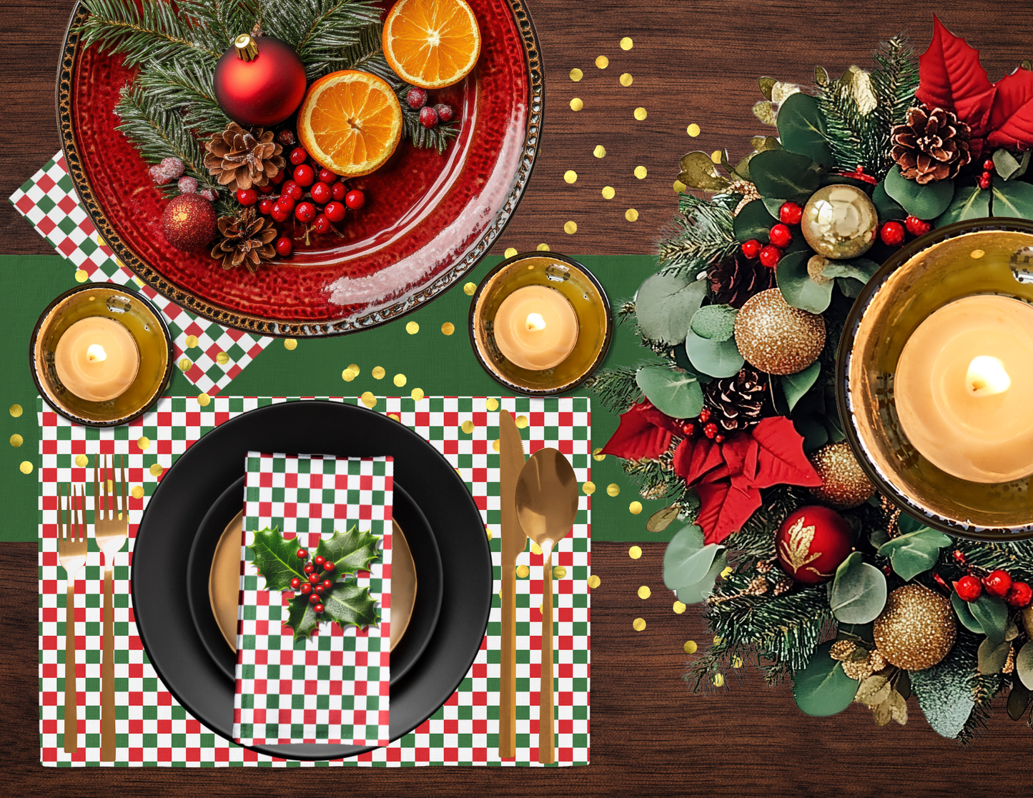 Red Green & White Gingham Polyester Napkins | Christmas Holiday Cloth Napkin Set, Festive Farmhouse Table Décor