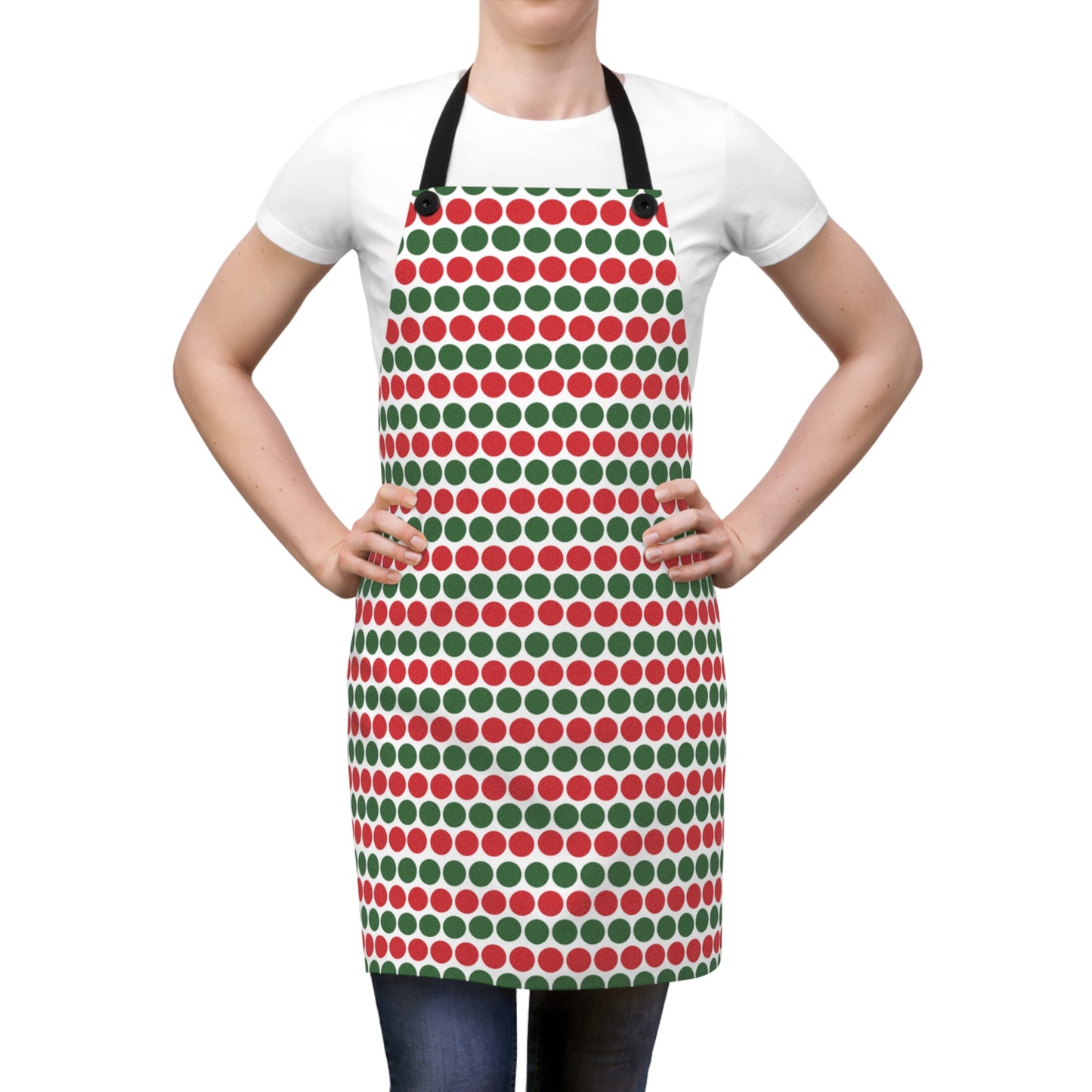 Red & Green Polka Dot Striped Holiday Apron | Lightweight 100% Polyester Twill, Detachable Black Twill Straps