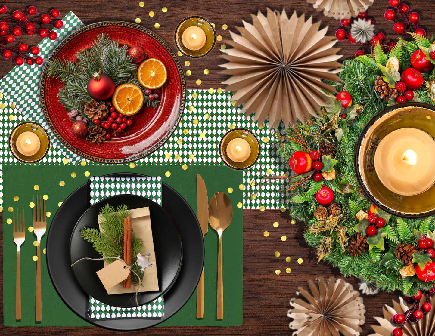 Nutcracker Drummer Green Argyle Christmas Table Runner | Festive Holiday Dining Décor, Classic Green Diamond Check