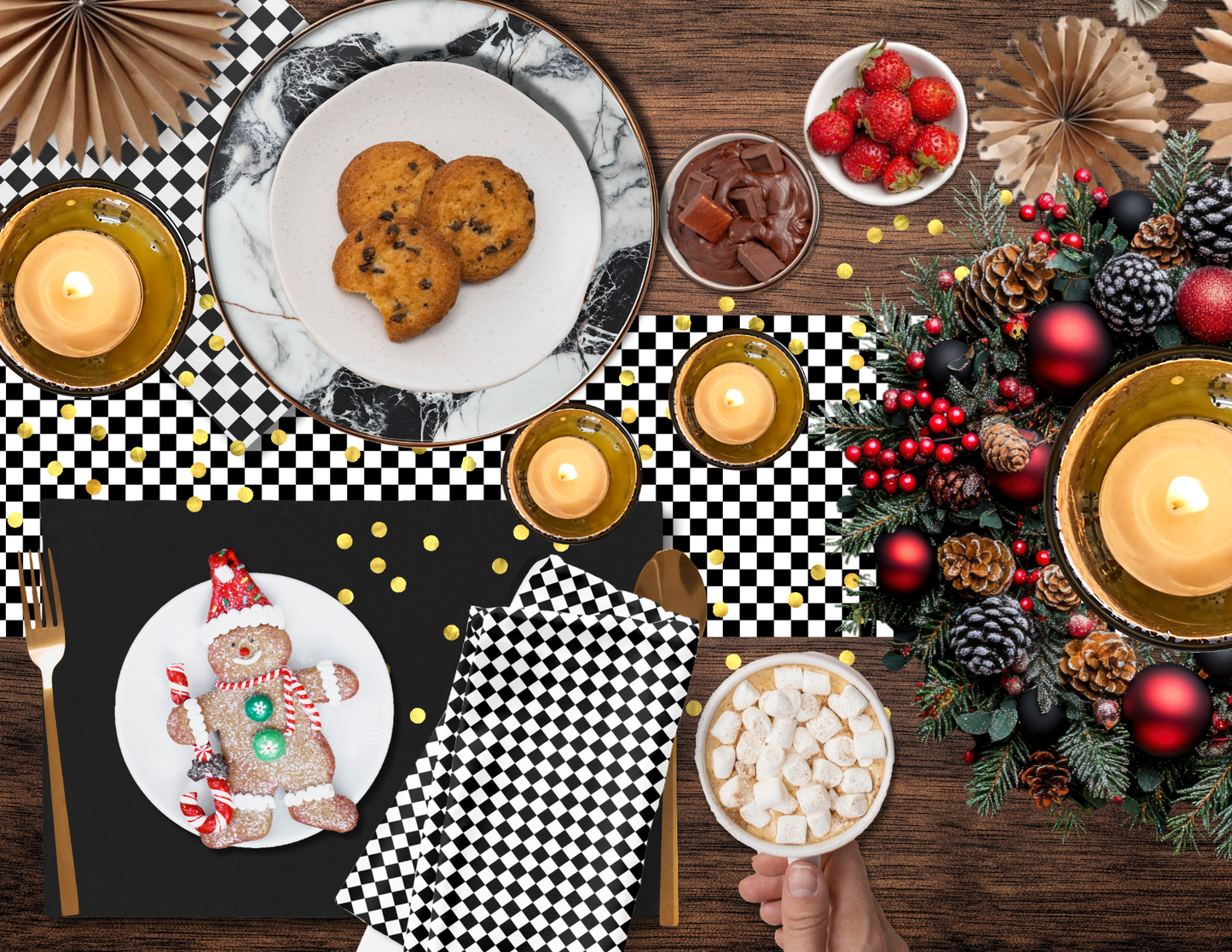 Black Holiday Placemat Set | 4 Washable Placemats, Chic Christmas Dining Table Decor