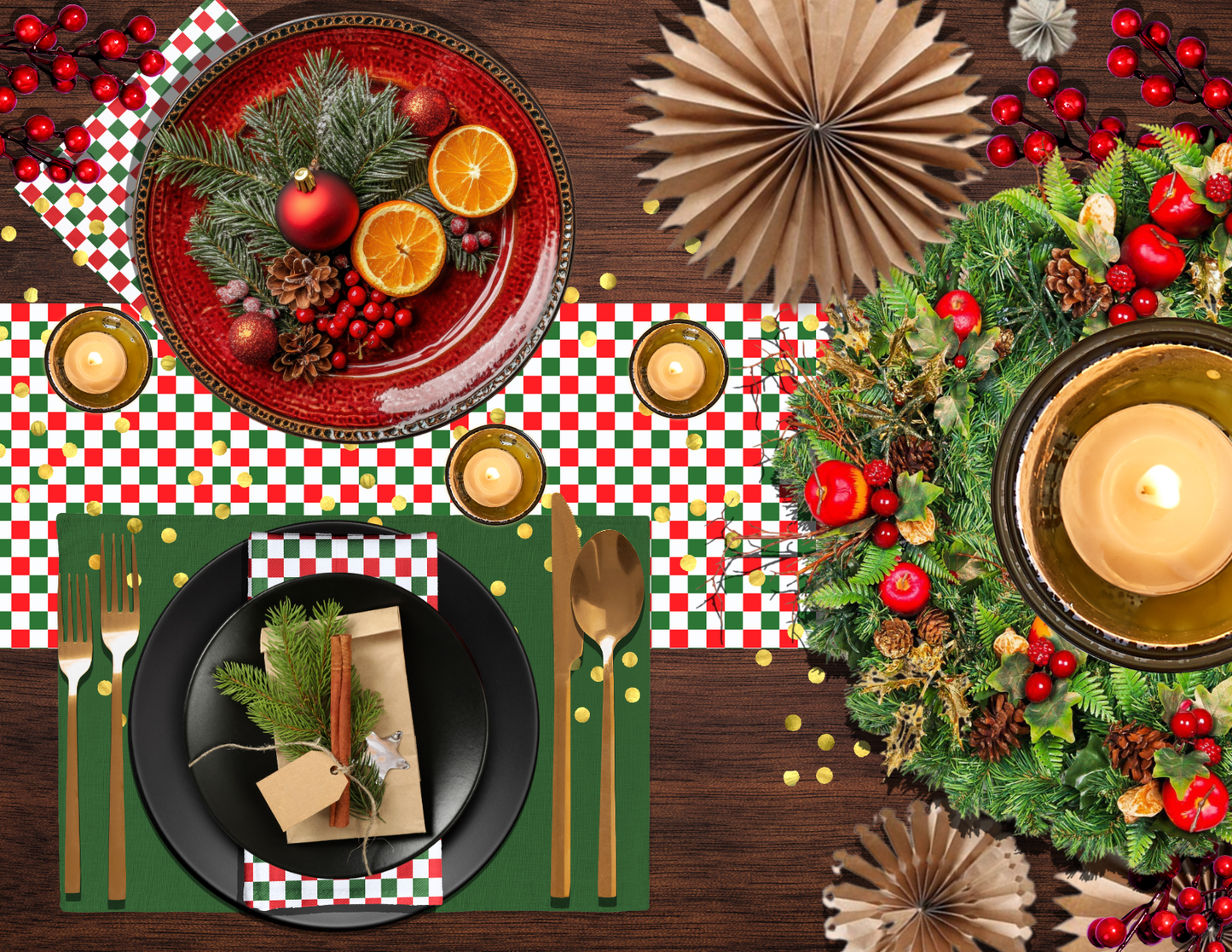 Red Green & White Gingham Polyester Napkins | Christmas Holiday Cloth Napkin Set, Festive Farmhouse Table Décor