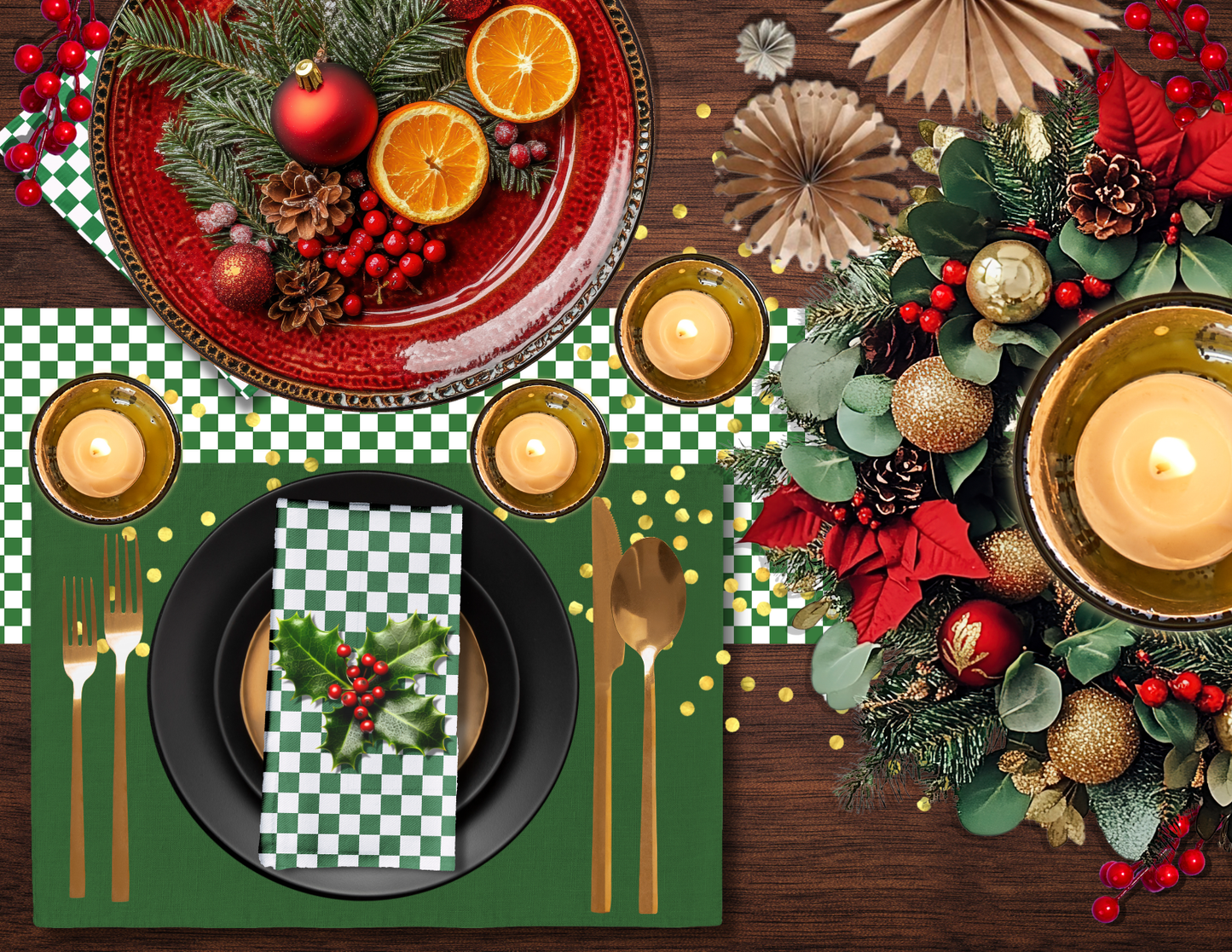 Green Holiday Placemat Set | 4 Washable Placemats, Festive Christmas Dining Table Decor