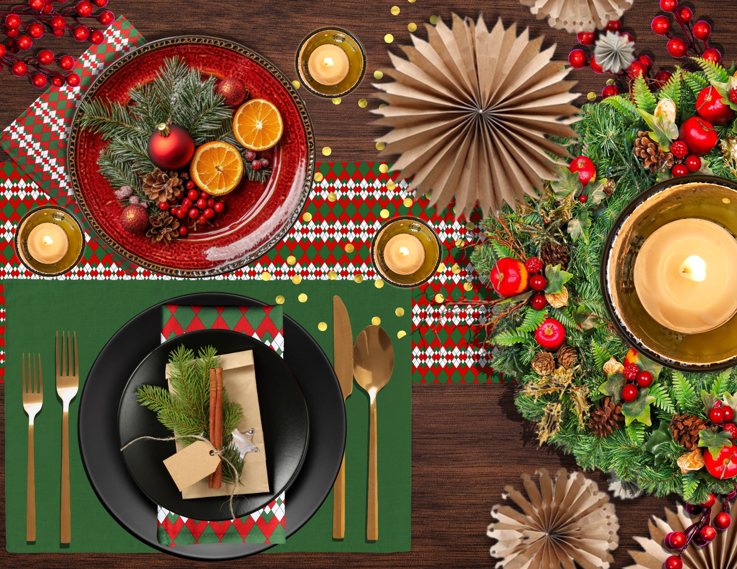 Extra Red Green & White Argyle Christmas Table Runner | Bold Holiday Dining Décor, Festive Farmhouse Diamond Check