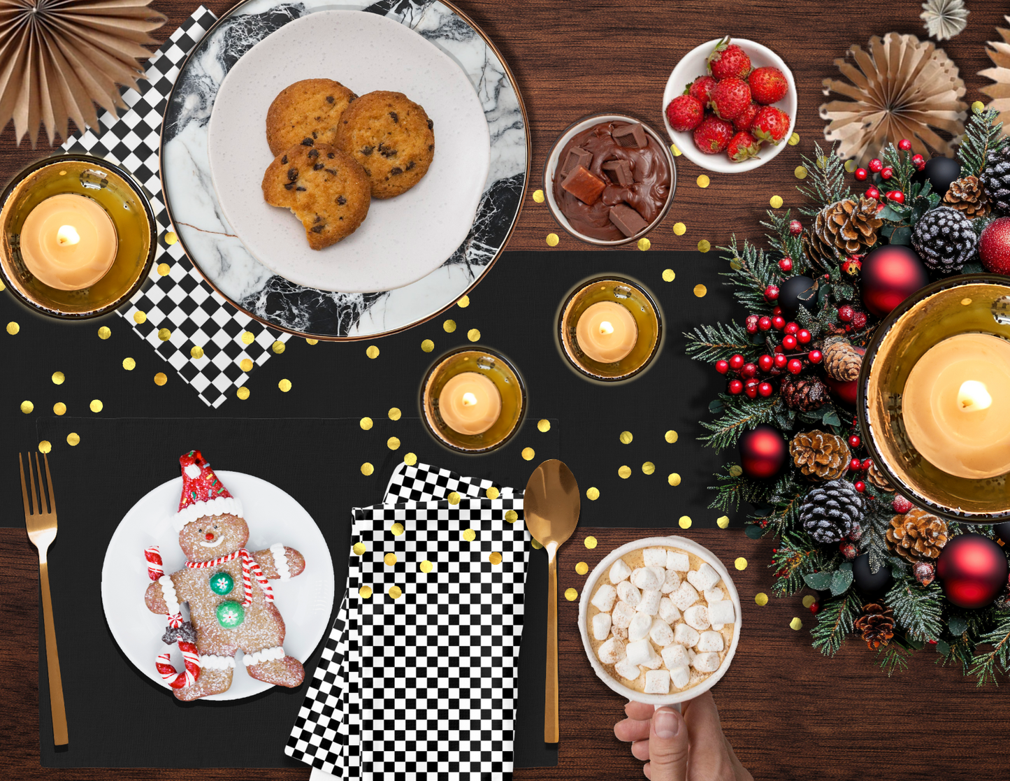 Black & White Check Polyester Napkins | Christmas Holiday Table Décor, Reusable Cloth Napkin Set, Festive Farmhouse Style