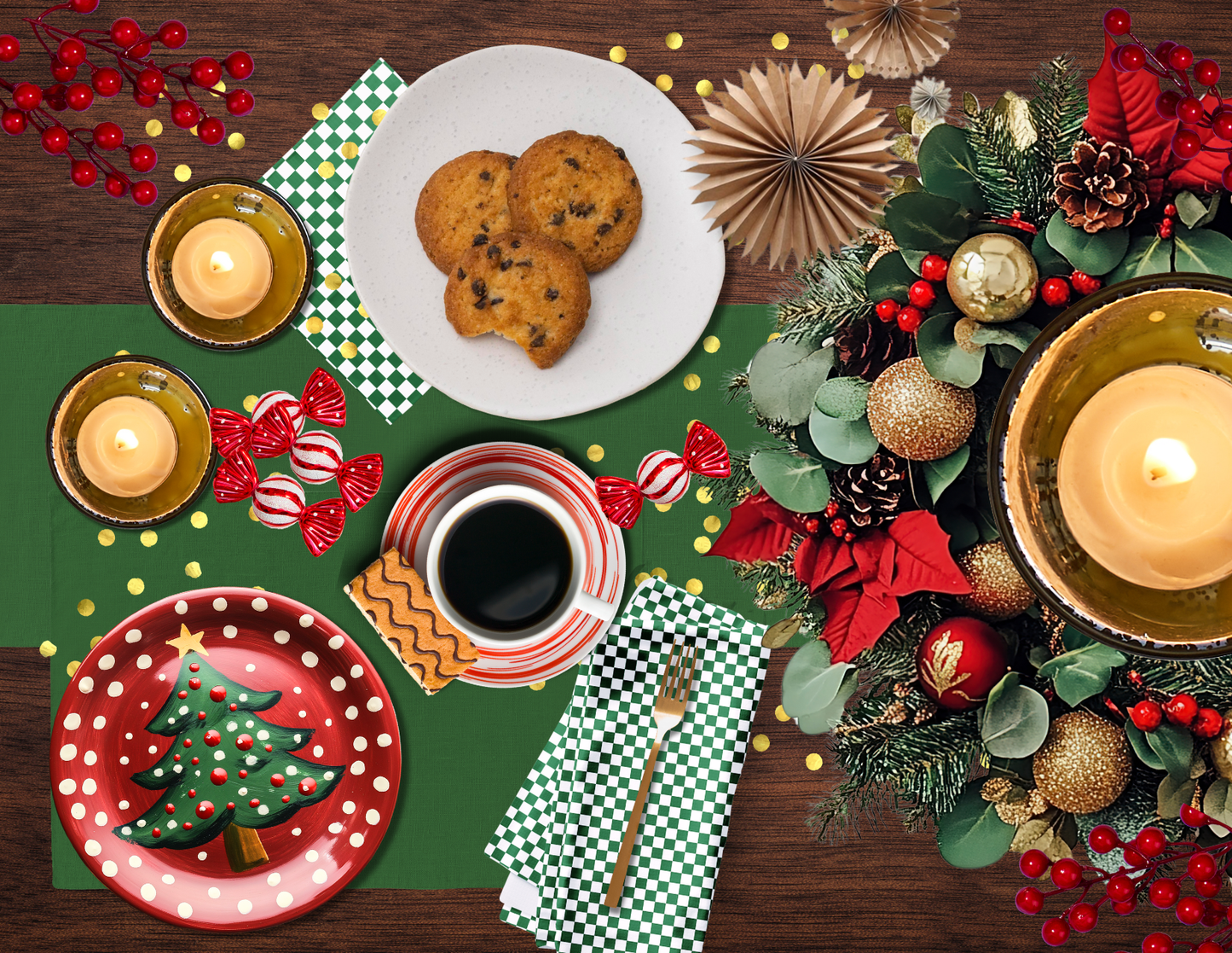 Green & White Check Polyester Napkins | Christmas Holiday Décor, Rustic Farmhouse Cloth Napkin Set, Reusable Holiday Linens