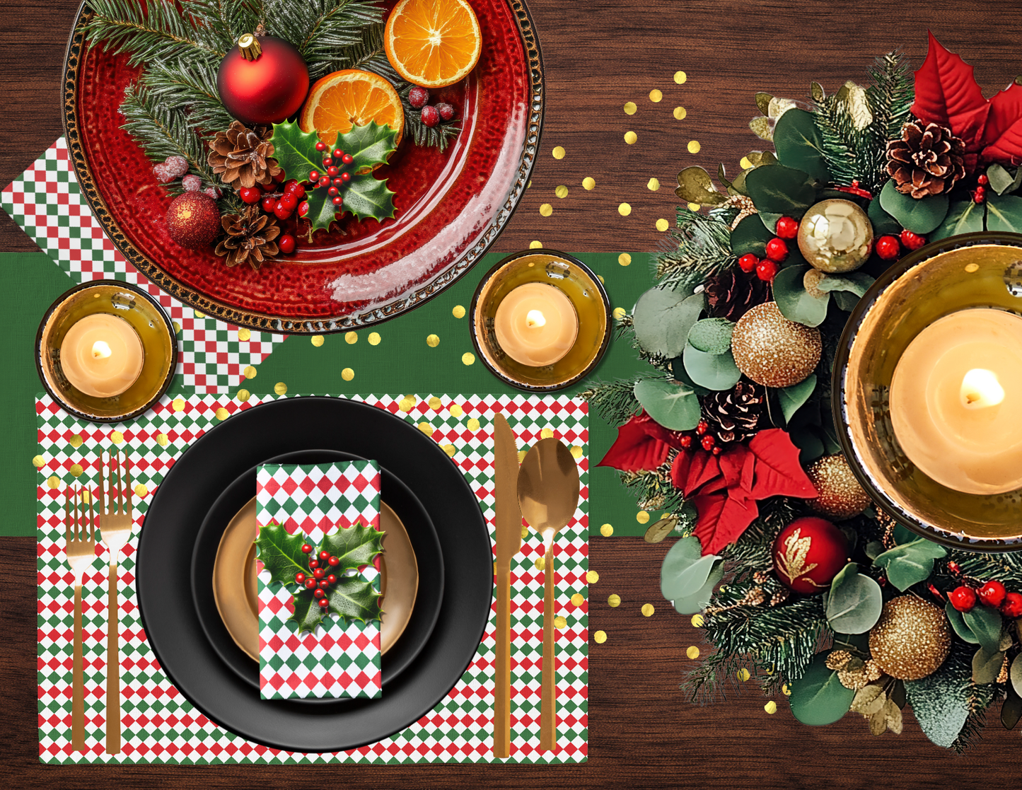 Red Green & White Argyle Polyester Placemats | Christmas Holiday Cloth Dining Mat Set, Festive Diamond Check Décor