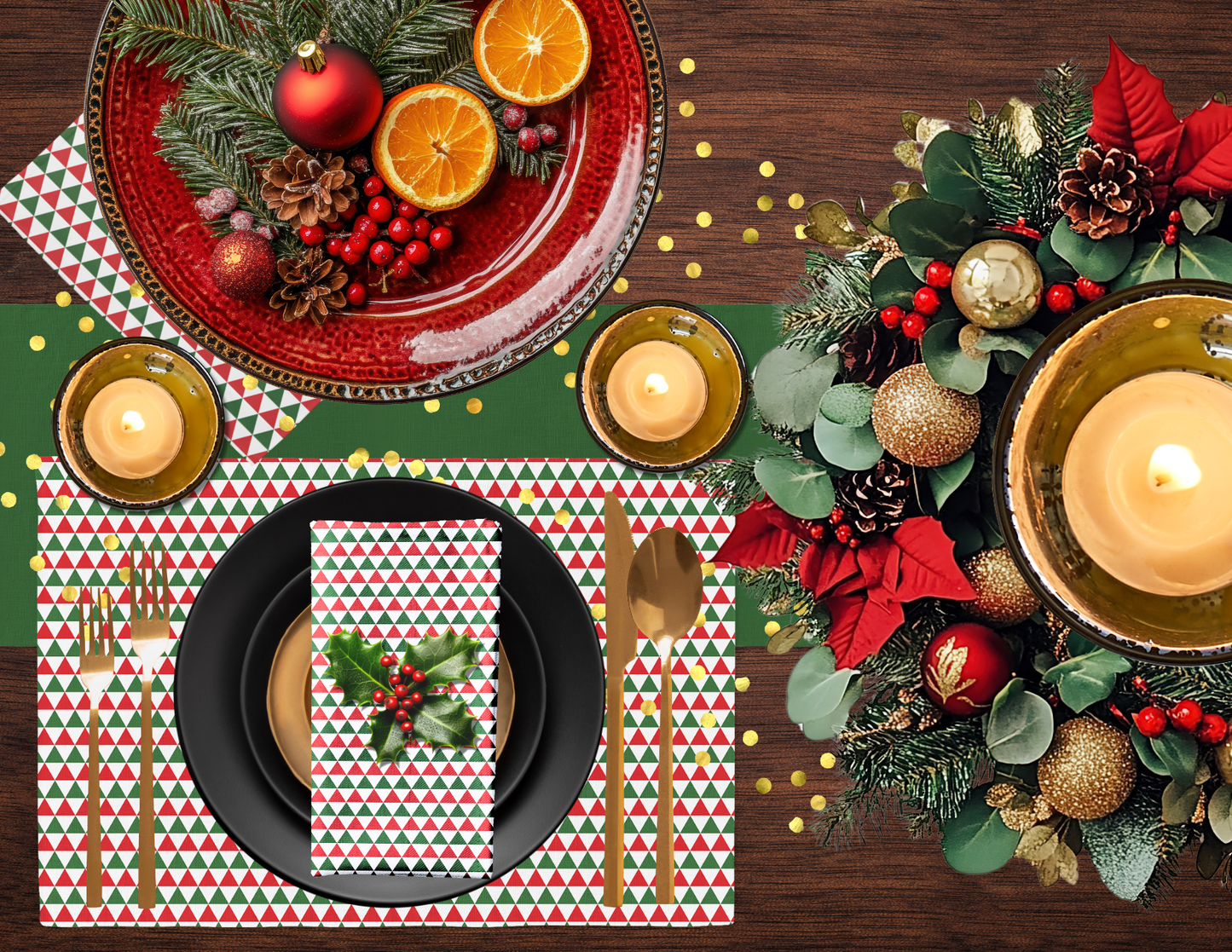 Striped Red & Green Triangle Polyester Napkins | Christmas Holiday Cloth Napkin Set, Festive Farmhouse Dining Décor