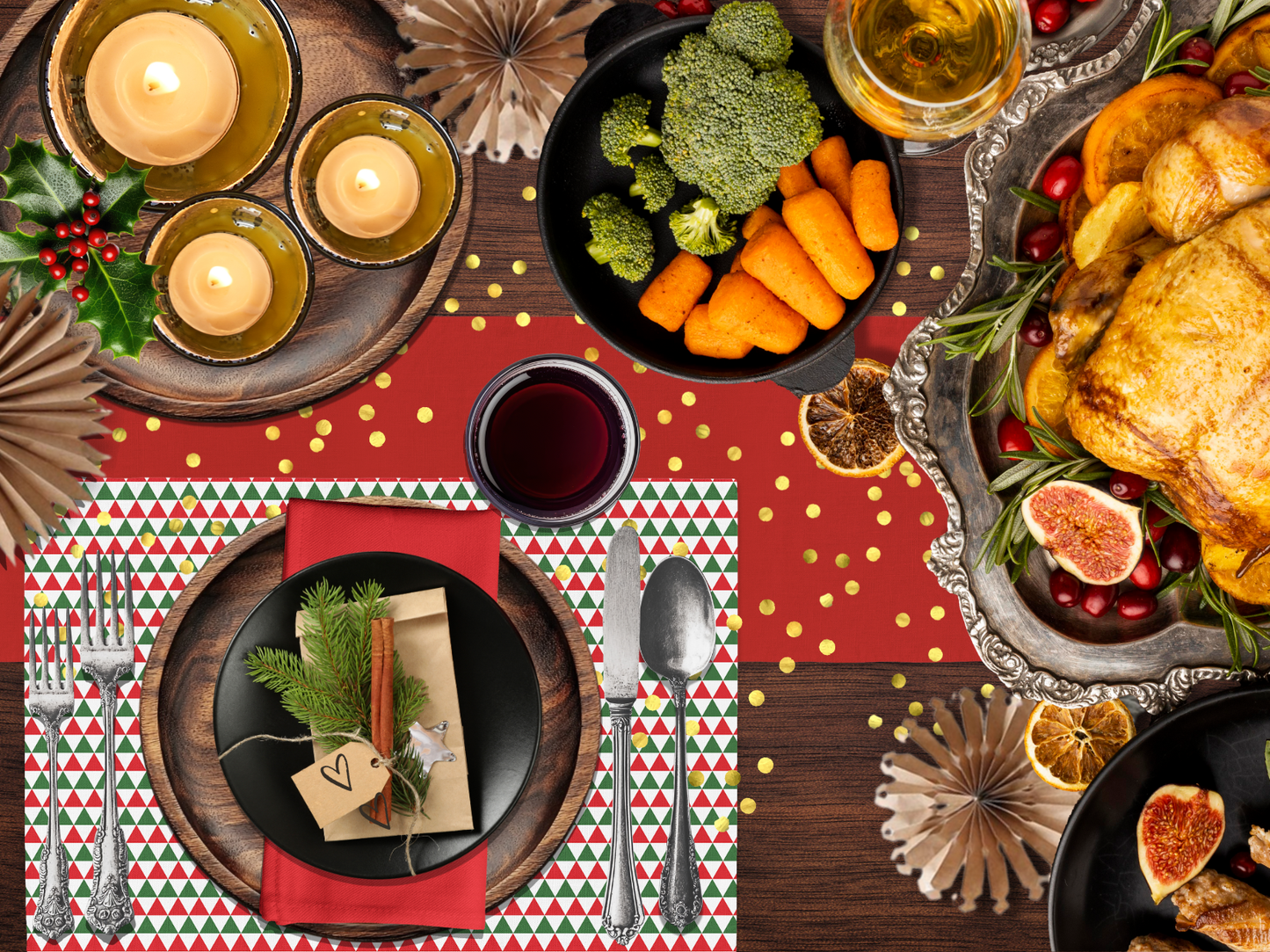 Red Green & White Argyle Polyester Placemats | Christmas Holiday Cloth Dining Mat Set, Festive Diamond Check Décor