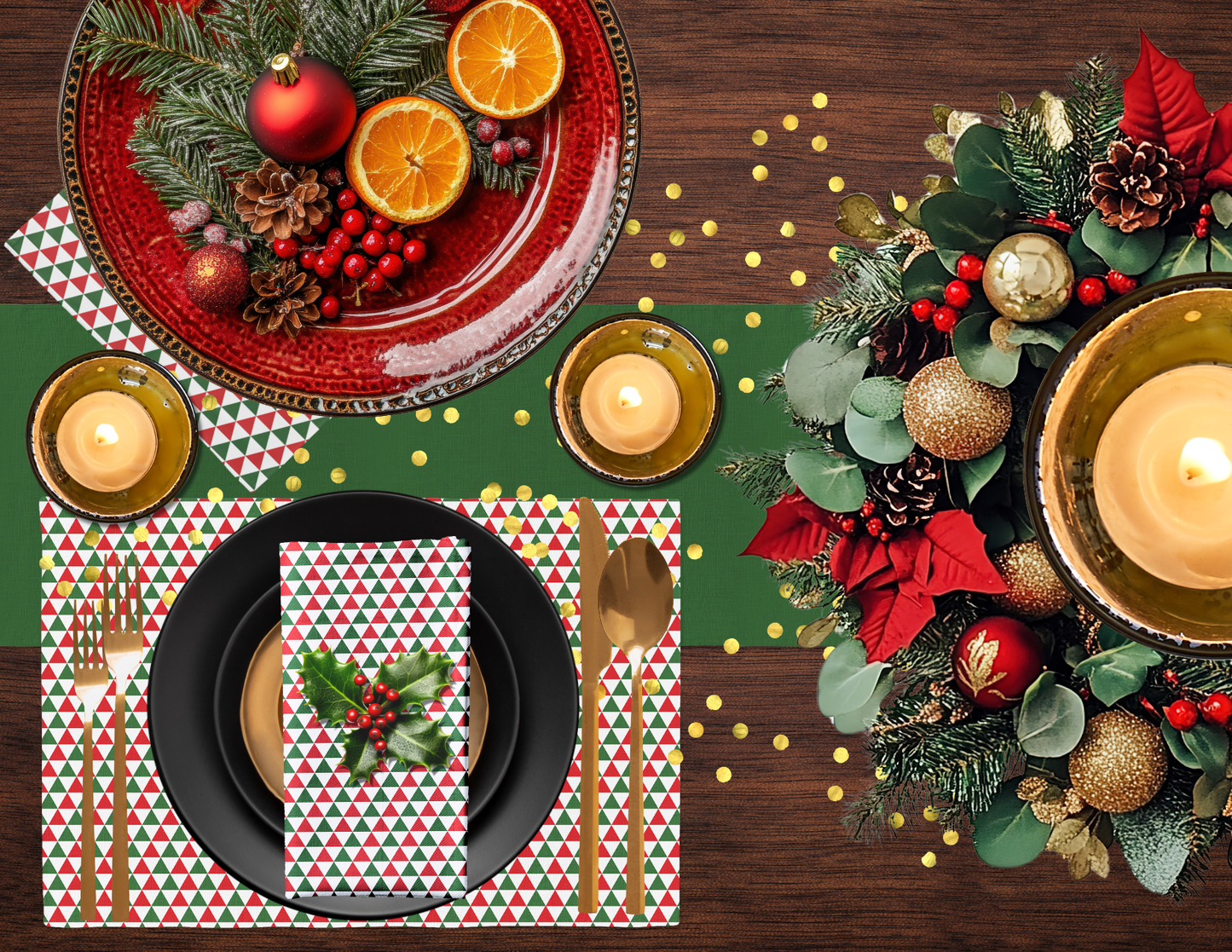 Red & Green Triangle Polyester Placemats | Christmas Holiday Dining Décor, Bold Festive Geometric Washable Mat Set