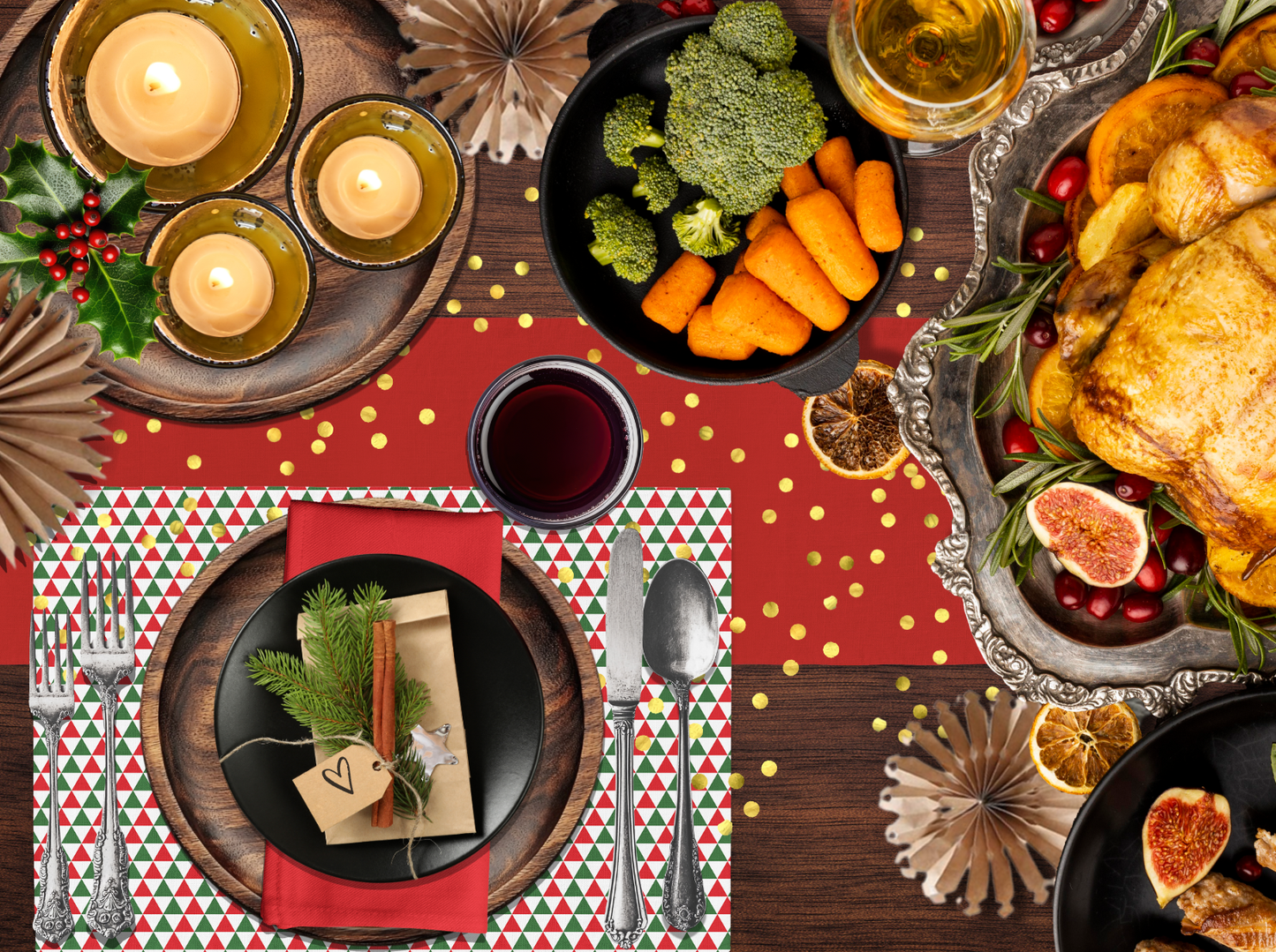 Red & Green Triangle Polyester Placemats | Christmas Holiday Dining Décor, Bold Festive Geometric Washable Mat Set