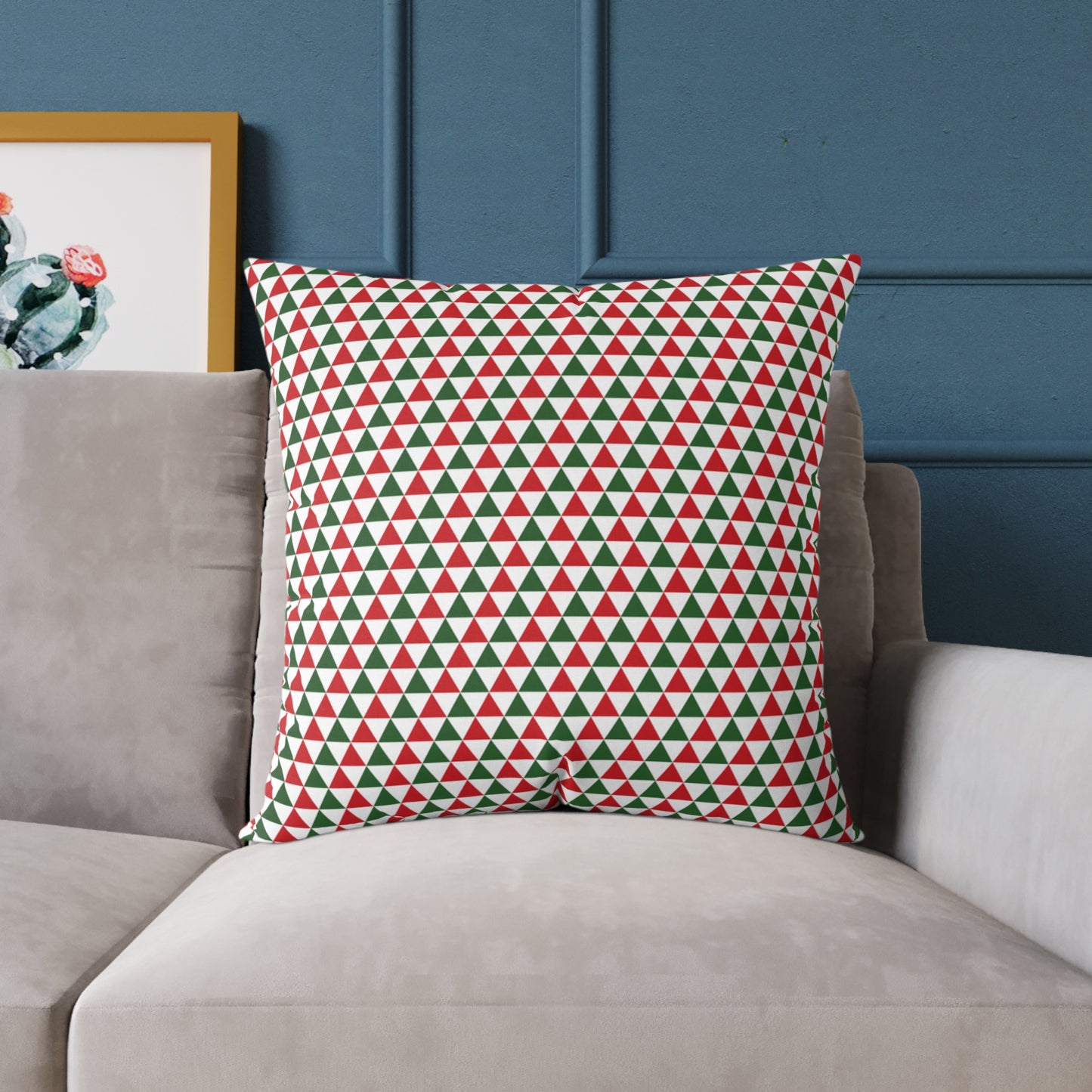 Red & Green Triangle Party Christmas Decorative Pillow | Double‑Sided Poly Canvas Cushion, 5 Sizes, Vibrant Holiday Décor