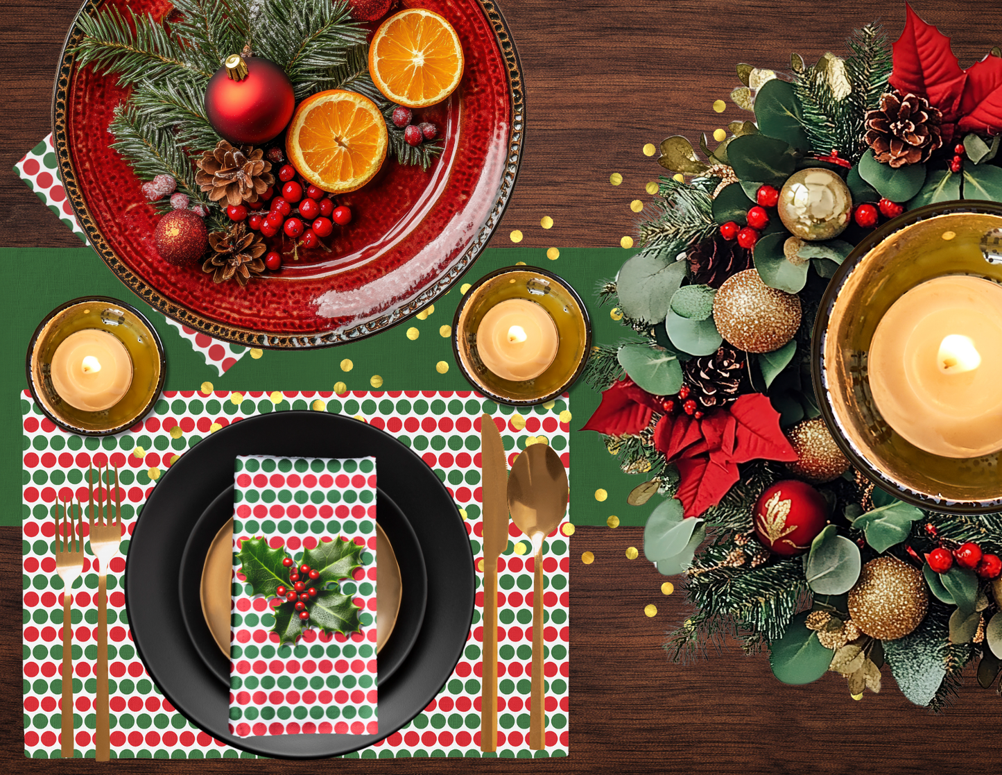 Red & Green Polka Dot Polyester Placemats | Christmas Holiday Dining Décor, Festive Farmhouse Washable Table Mat Set