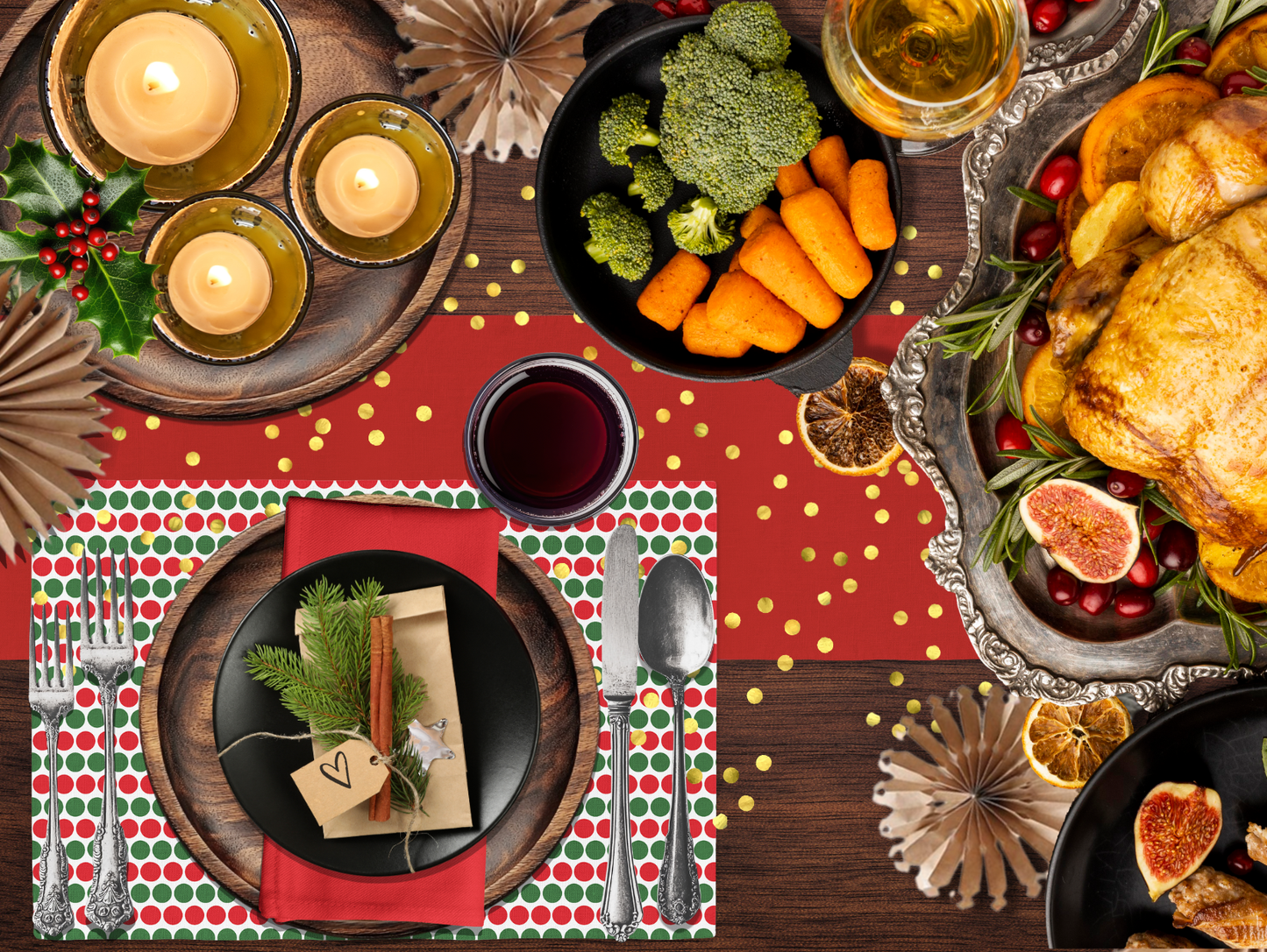 Red & Green Polka Dot Polyester Placemats | Christmas Holiday Dining Décor, Festive Farmhouse Washable Table Mat Set