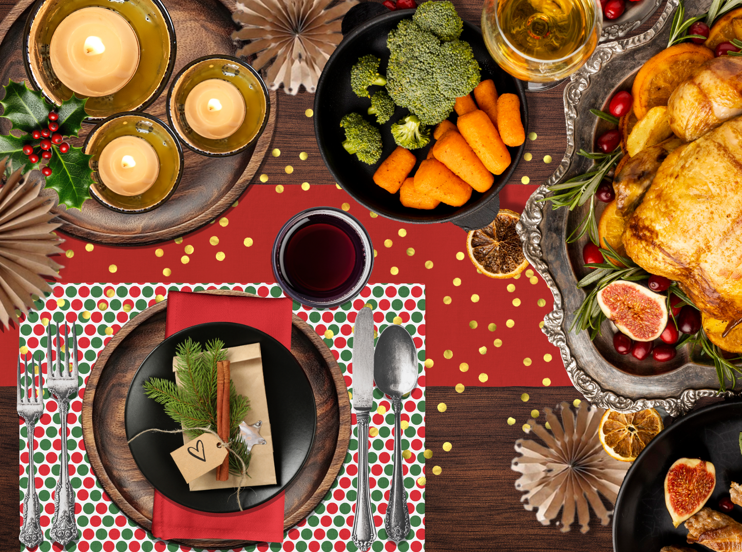 Red & Green Polka Dot Party Polyester Placemats | Christmas Holiday Dining Décor, Festive Scattered Washable Mat Set