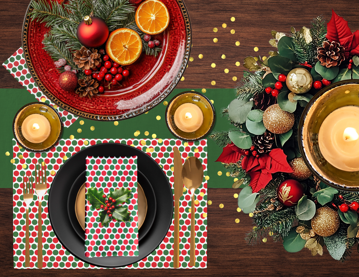 Red & Green Polka Dot Party Polyester Placemats | Christmas Holiday Dining Décor, Festive Scattered Washable Mat Set
