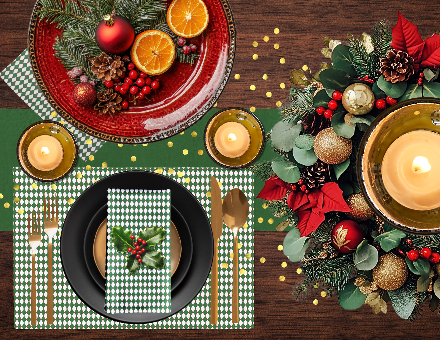 Nutcracker Drummer Green Argyle Polyester Placemats | Christmas Holiday Cloth Dining Mat Set, Festive Diamond Décor