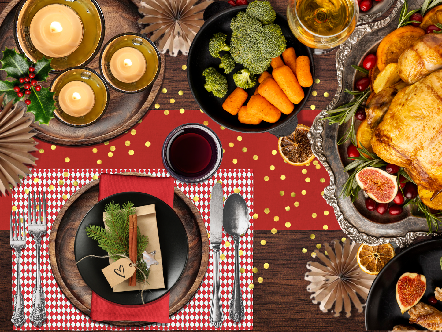 Nutcracker Drummer Red Argyle Polyester Placemats | Christmas Holiday Cloth Dining Mat Set, Festive Diamond Décor