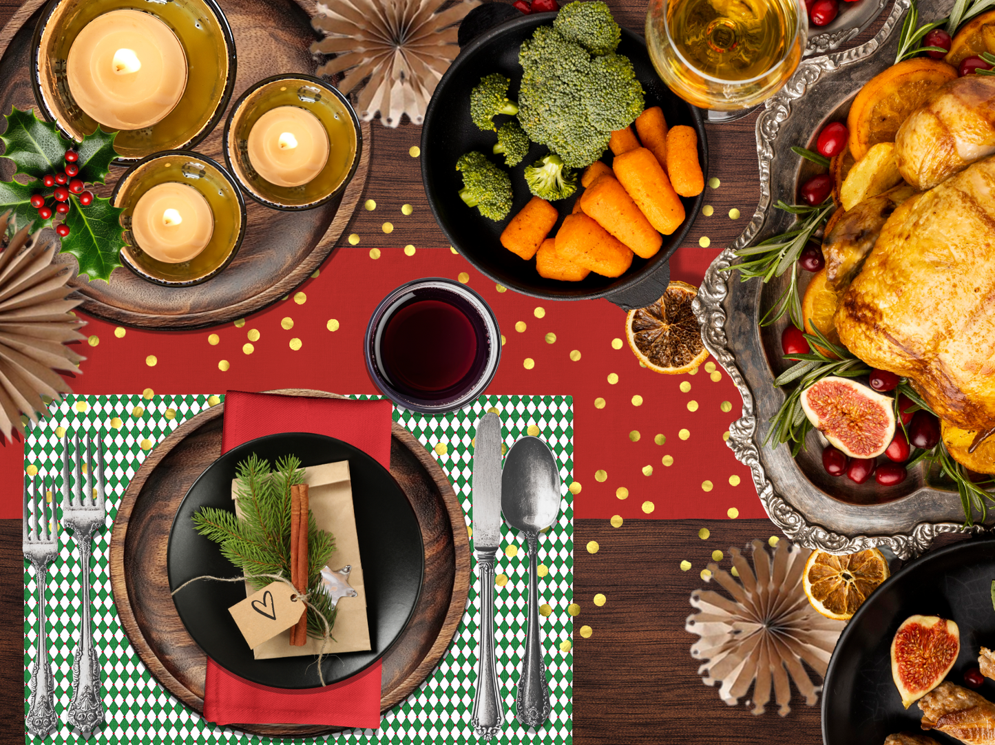 Nutcracker Drummer Green Argyle Polyester Placemats | Christmas Holiday Cloth Dining Mat Set, Festive Diamond Décor