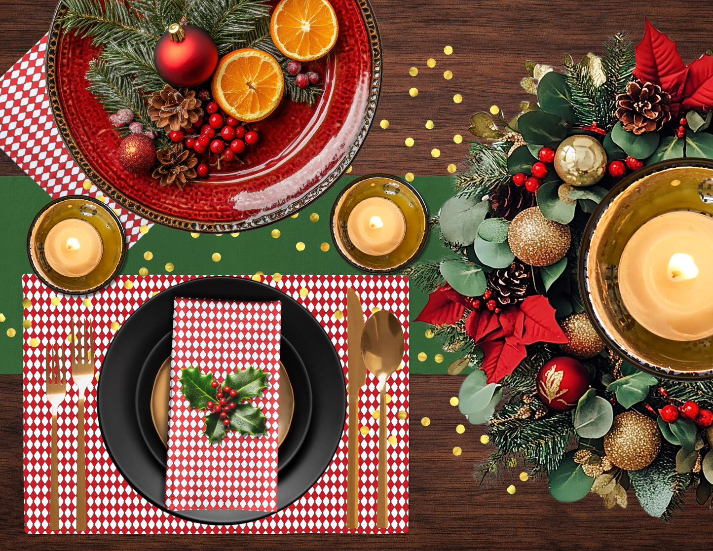 Nutcracker Drummer Red Argyle Polyester Placemats | Christmas Holiday Cloth Dining Mat Set, Festive Diamond Décor