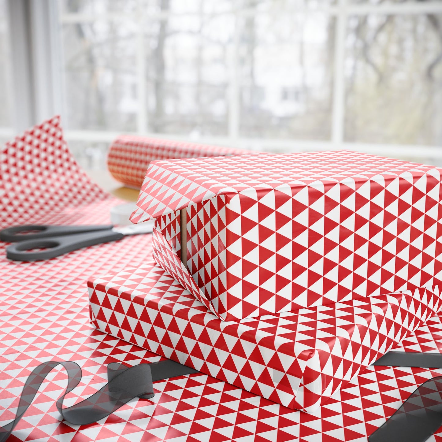 Red Triangles Wrapping Paper | Luxury Matte or Glossy Gift Wrap, 90gsm Fine Art Paper, 3 Sizes