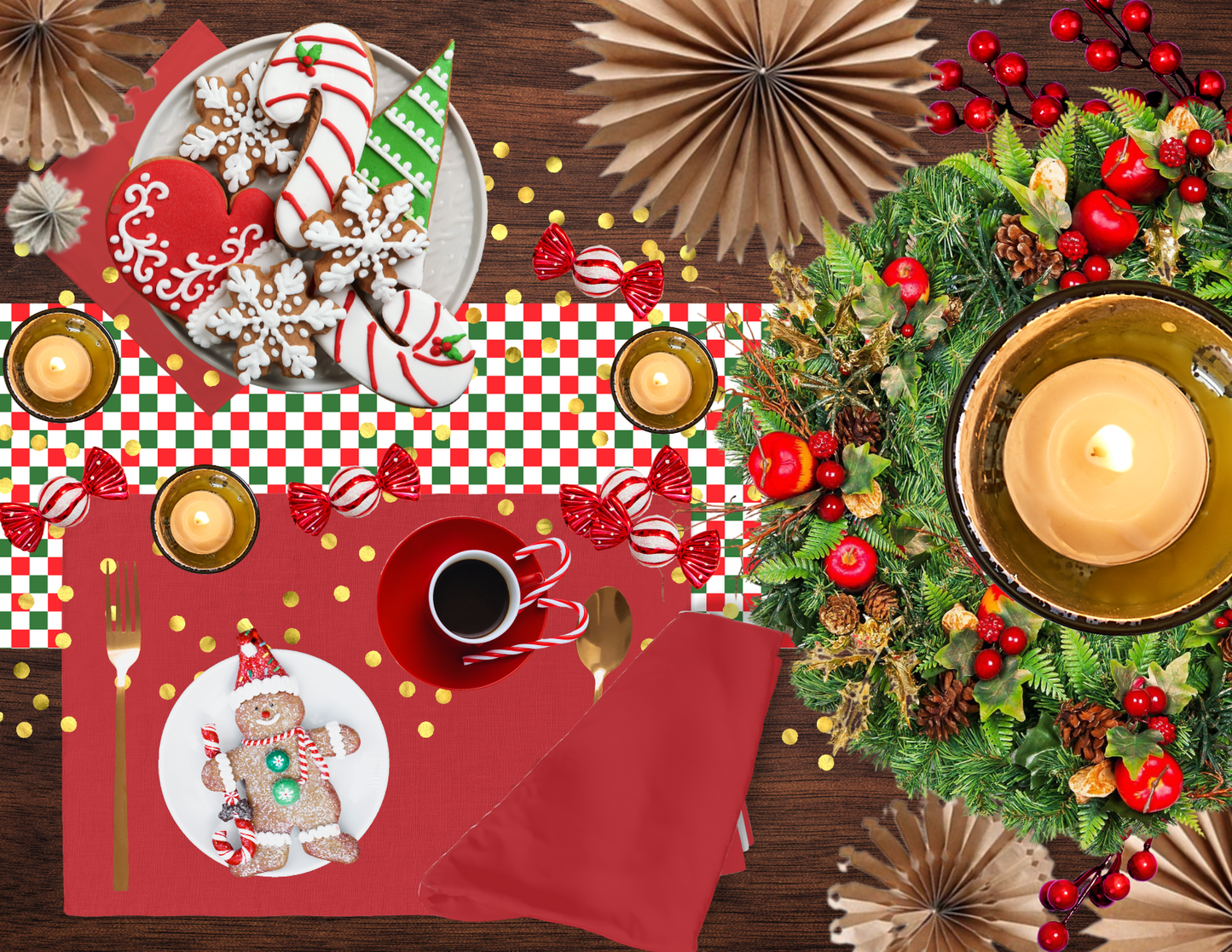Red Green & White Gingham Christmas Table Runner | Festive Holiday Farmhouse Dining Decor, Rustic Checkered Tabletop Accent