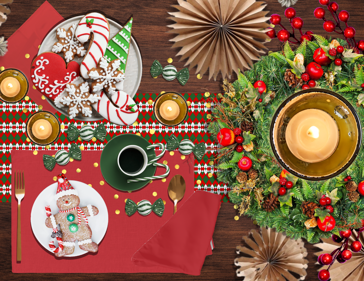 Extra Red Green & White Argyle Christmas Table Runner | Bold Holiday Dining Décor, Festive Farmhouse Diamond Check