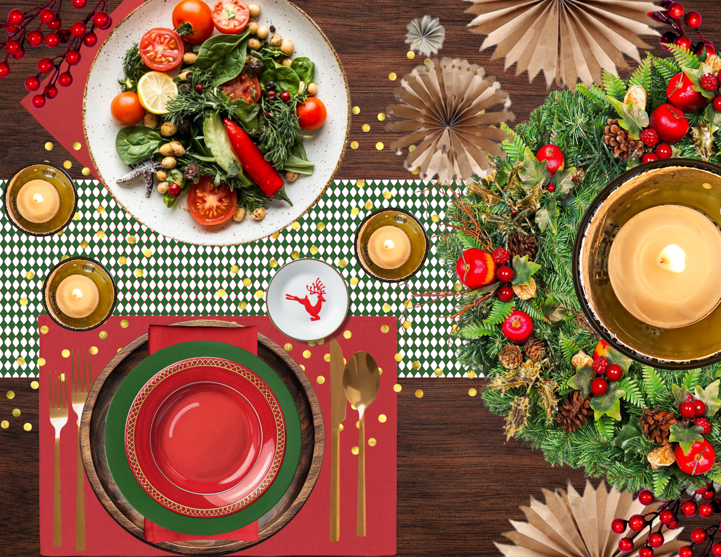 Nutcracker Drummer Green Argyle Christmas Table Runner | Festive Holiday Dining Décor, Classic Green Diamond Check