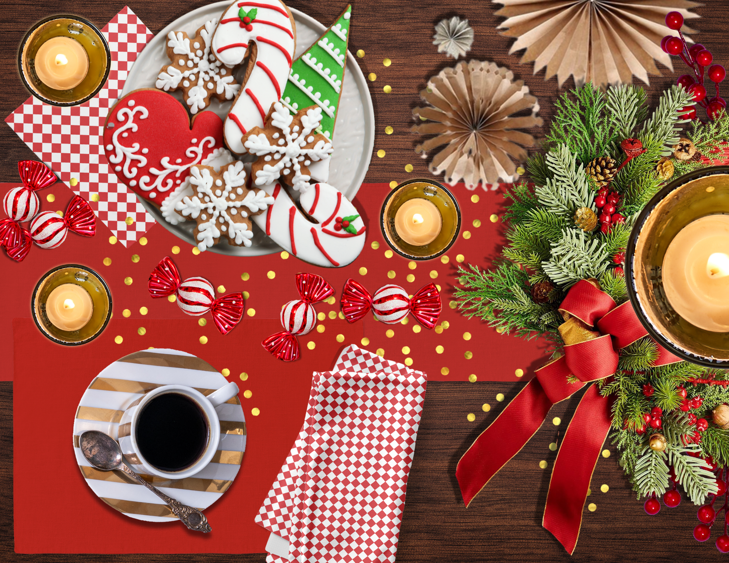 Red & White Argyle Polyester Napkins | Christmas Holiday Cloth Napkin Set, Festive Diamond Check Décor