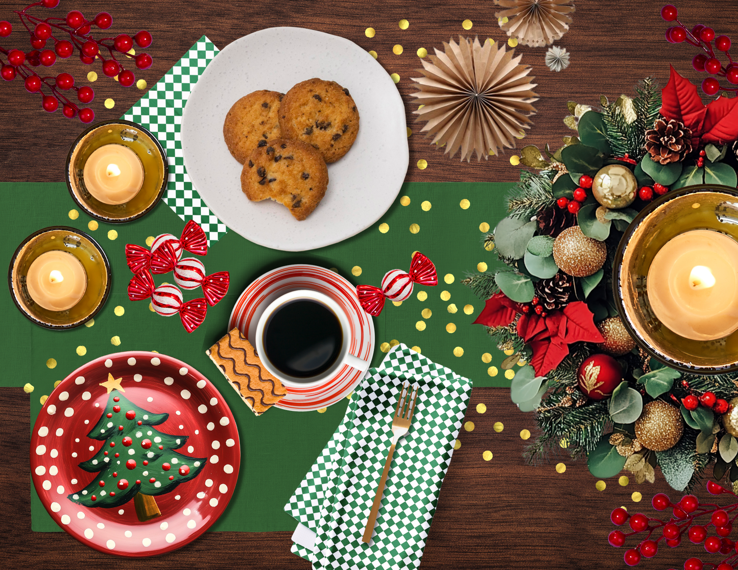 Green & White Argyle Polyester Napkins | Christmas Holiday Table Décor, Festive Farmhouse Cloth Napkin Set