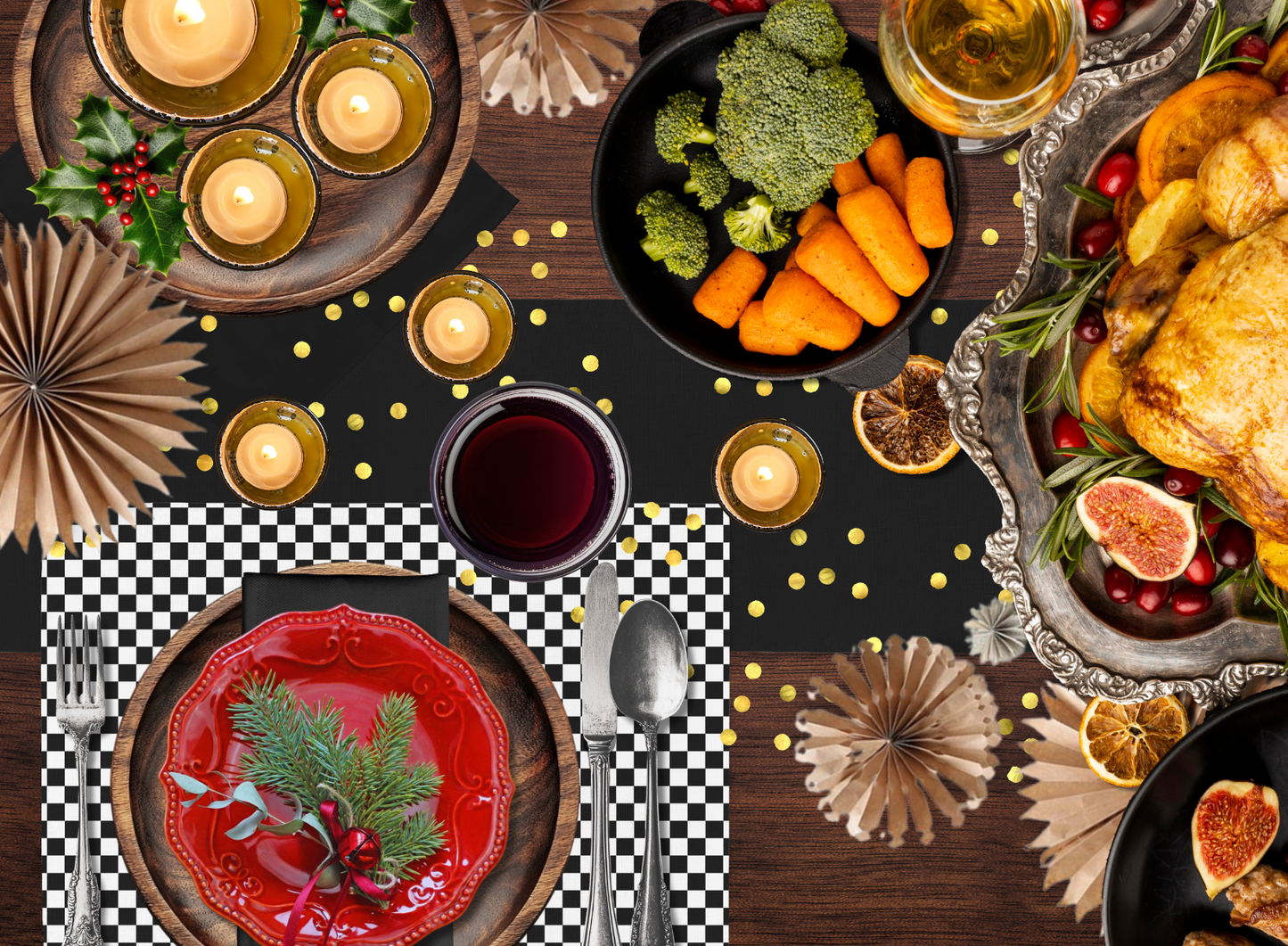 Black Christmas Table Runner | Washable Holiday Dining Decor, Modern Elegant Style