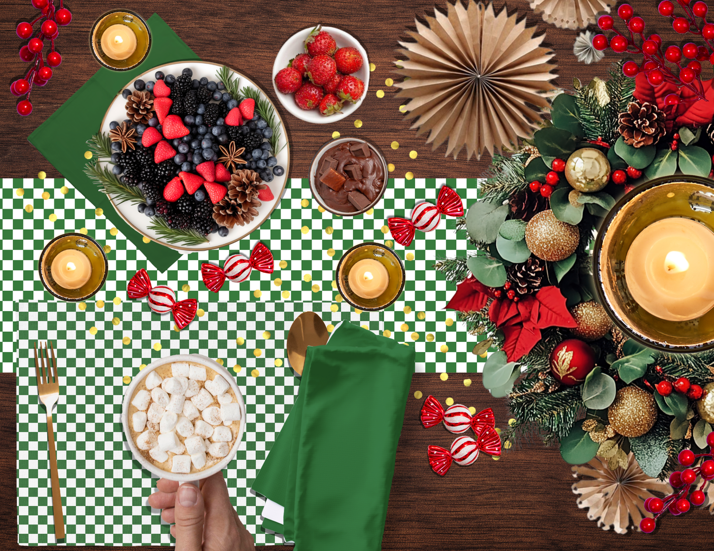 Green Holiday Napkin Set | 4 Washable Cloth Napkins, Festive Christmas Table Decor