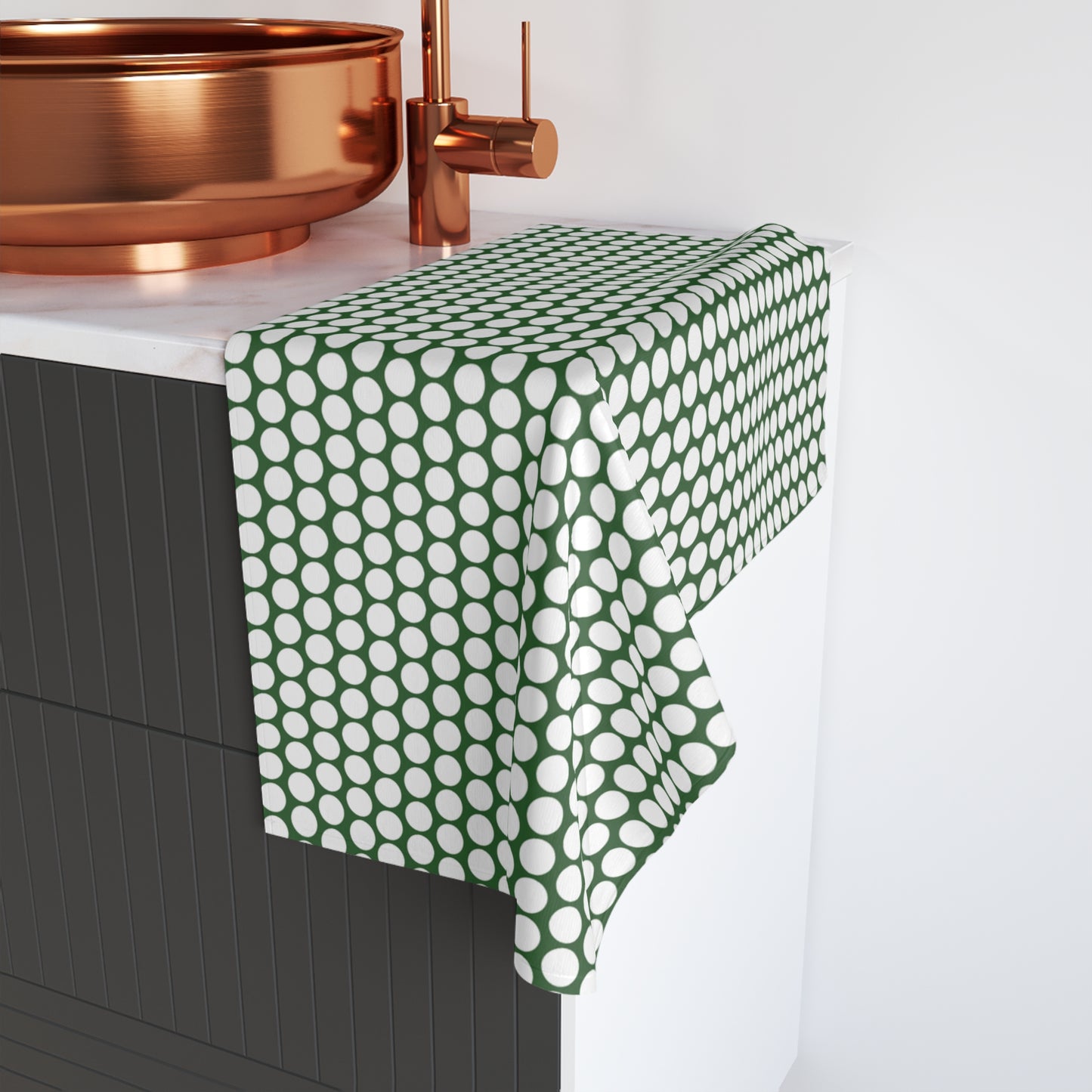White Polka Dot on Green Holiday Hand Towel | Soft Cotton Back, Polyester Front, Festive Home Décor