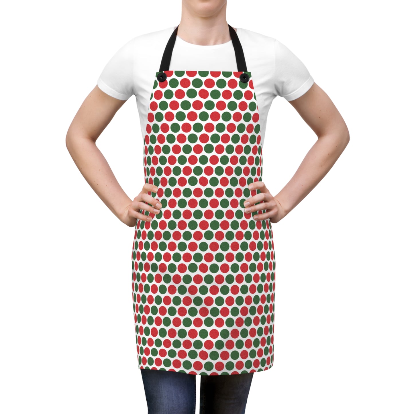 Red & Green Polka Dot Party Holiday Apron | Lightweight 100% Polyester Twill, Detachable Black Twill Straps