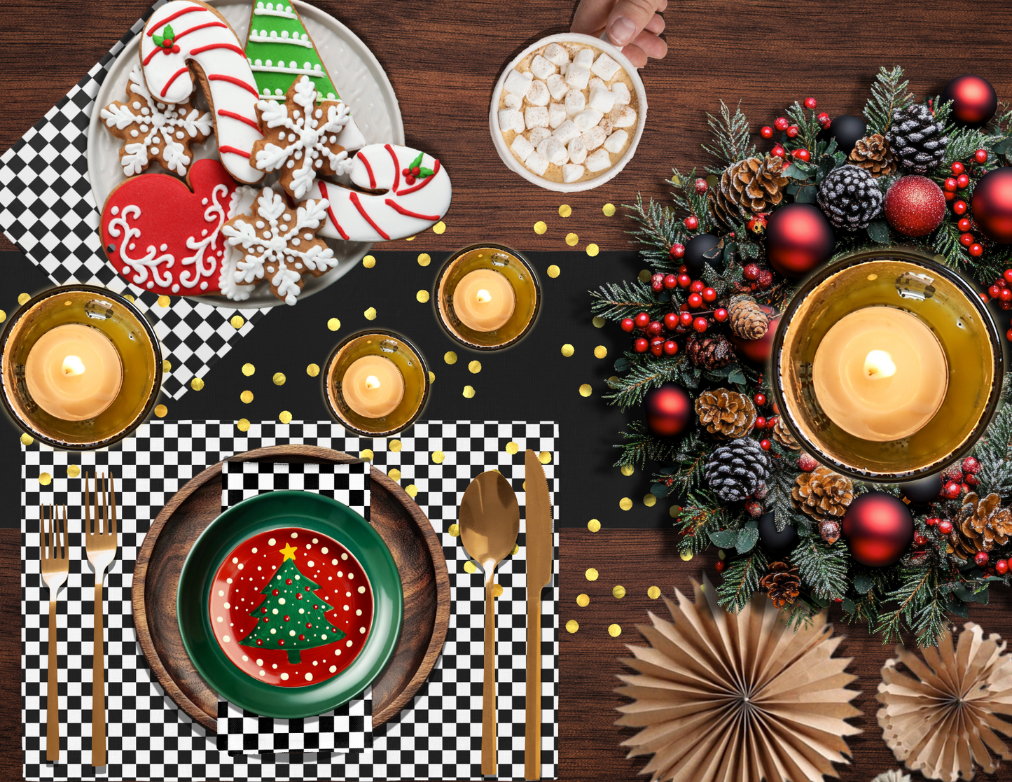 Black & White Check Polyester Napkins | Christmas Holiday Table Décor, Reusable Cloth Napkin Set, Festive Farmhouse Style