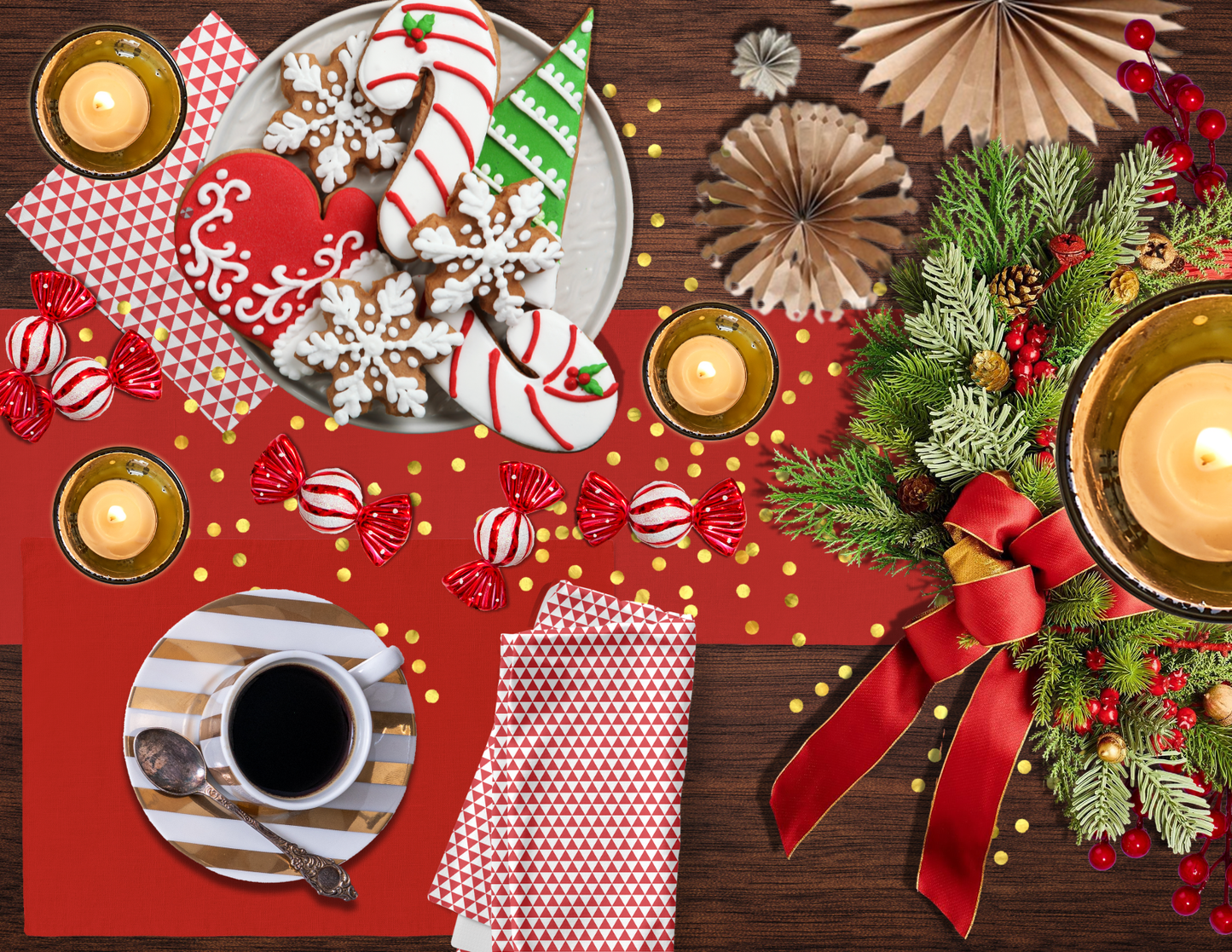 Red Triangle Polyester Napkins | Festive Christmas Holiday Cloth Napkin Set, Rustic Farmhouse Bold Dining Décor