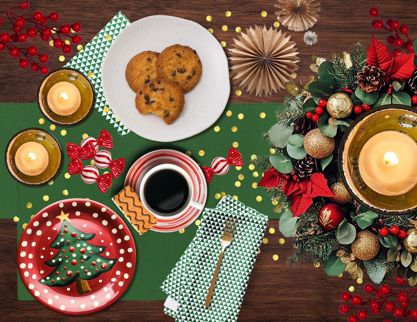 Green Triangle Polyester Napkins | Festive Christmas Cloth Napkin Set, Rustic Farmhouse Holiday Dining Décor