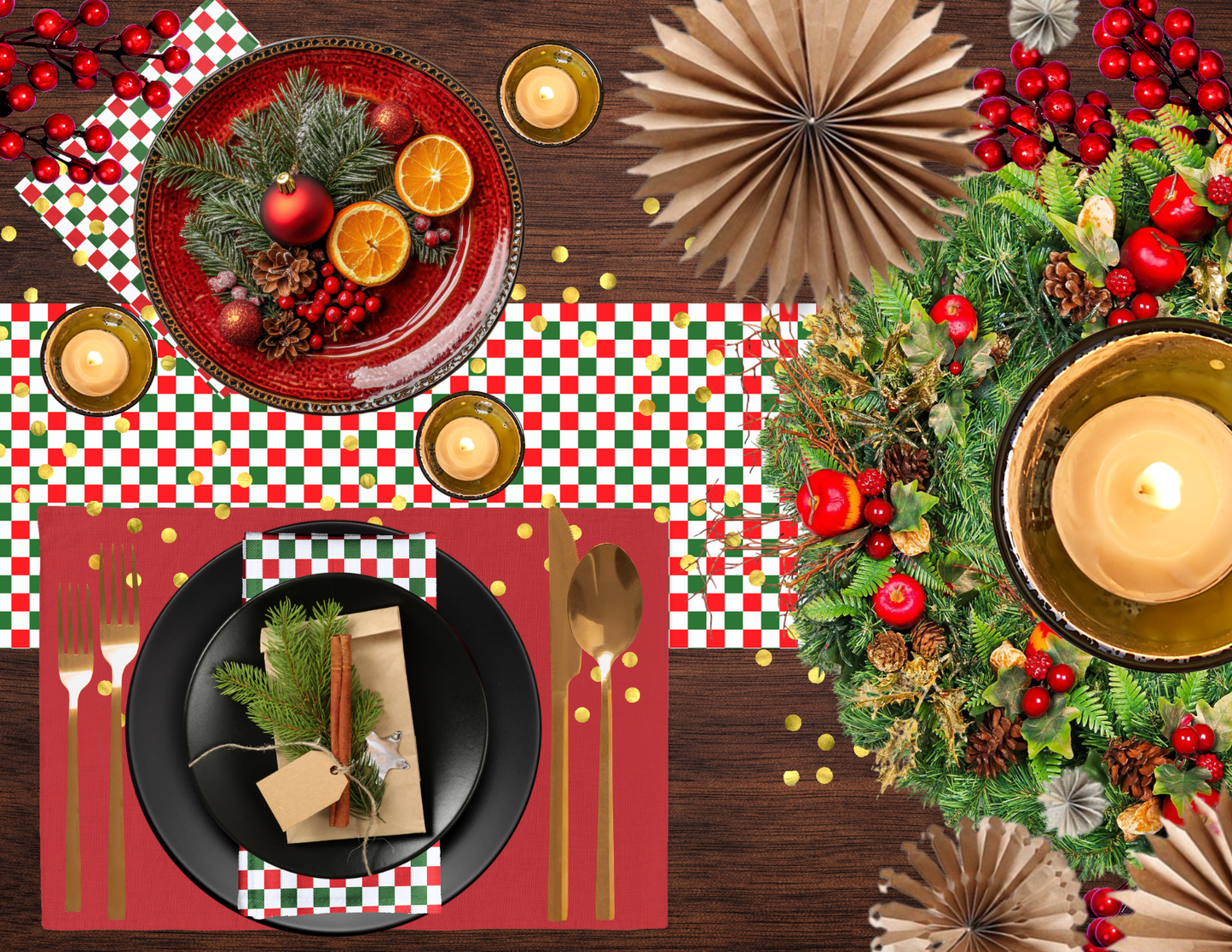 Red Green & White Gingham Christmas Table Runner | Festive Holiday Farmhouse Dining Decor, Rustic Checkered Tabletop Accent