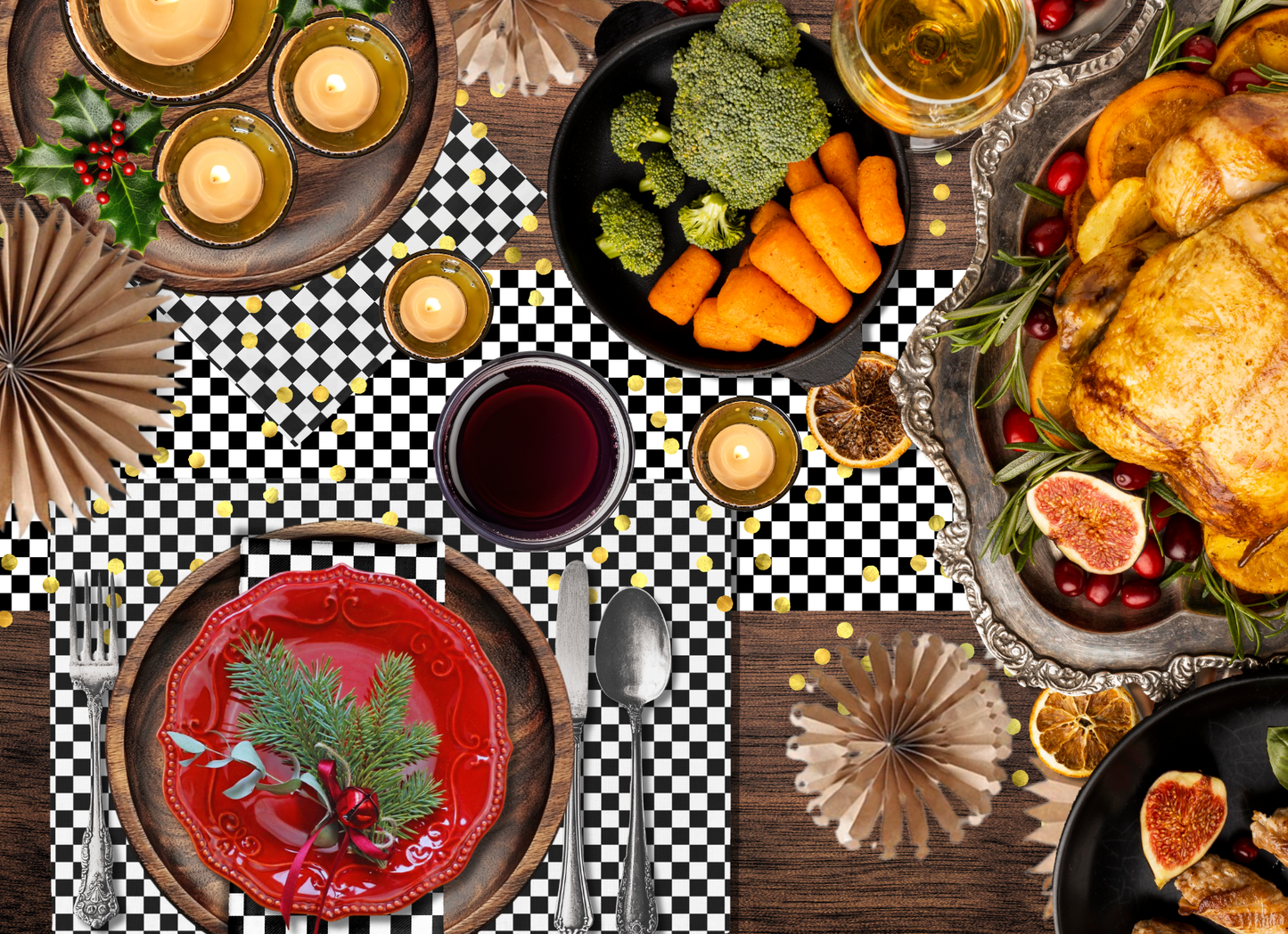 Black & White Check Polyester Placemats | Christmas Holiday Table Décor, Festive Farmhouse Dining Mat Set, Washable