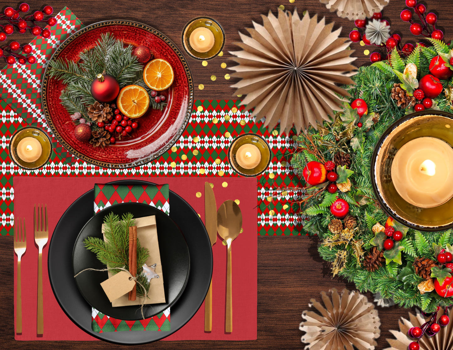 Extra Red Green & White Argyle Christmas Table Runner | Bold Holiday Dining Décor, Festive Farmhouse Diamond Check