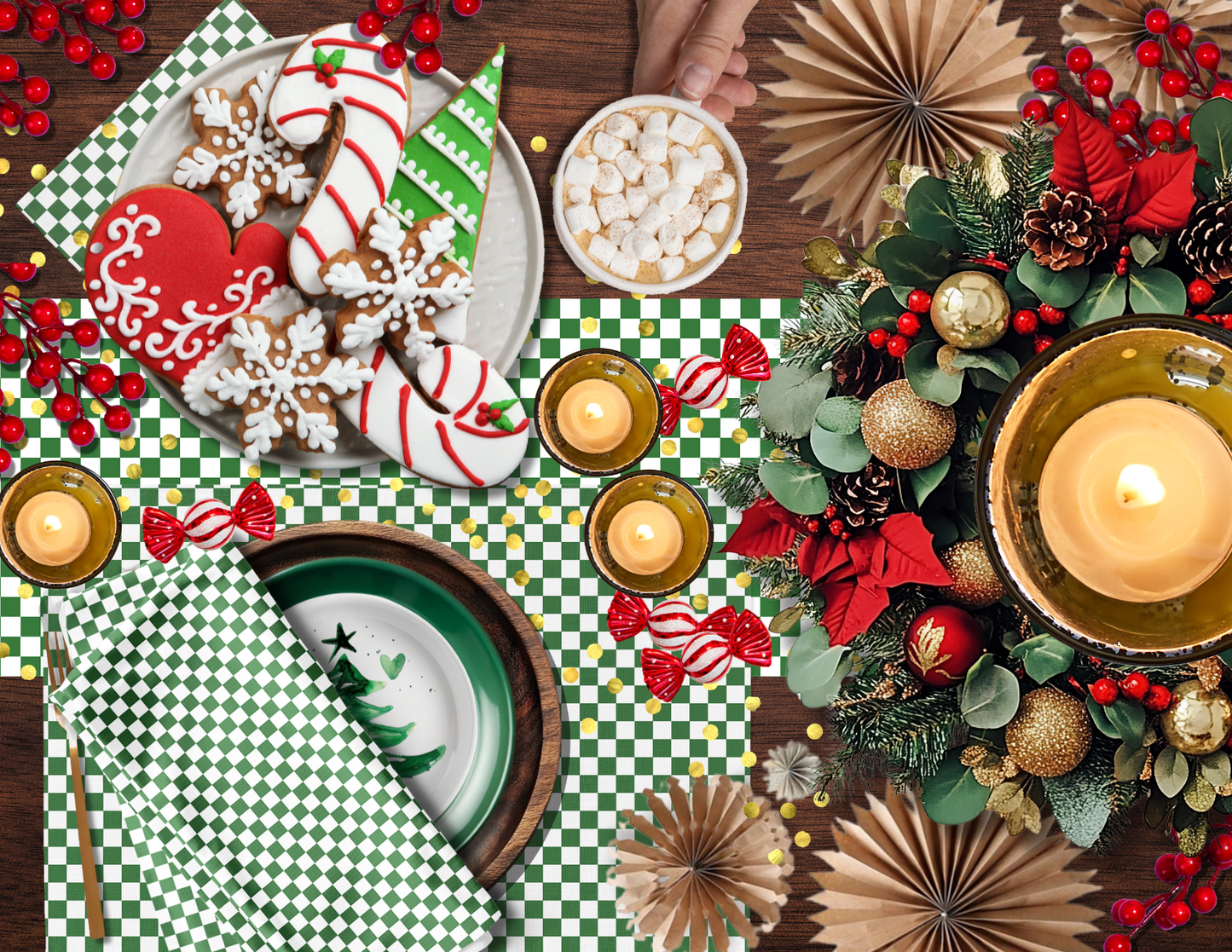 Green & White Gingham Plaid Christmas Table Runner – Festive Farmhouse Holiday Dining Decor, Rustic Checkered Tabletop Accent
