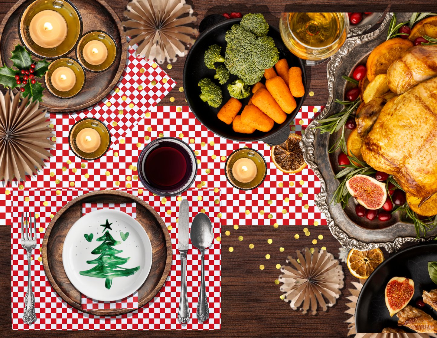 Red & White Gingham Christmas Table Runner | Classic Holiday Farmhouse Dining Room Decor, Rustic Checkered Tabletop Accent