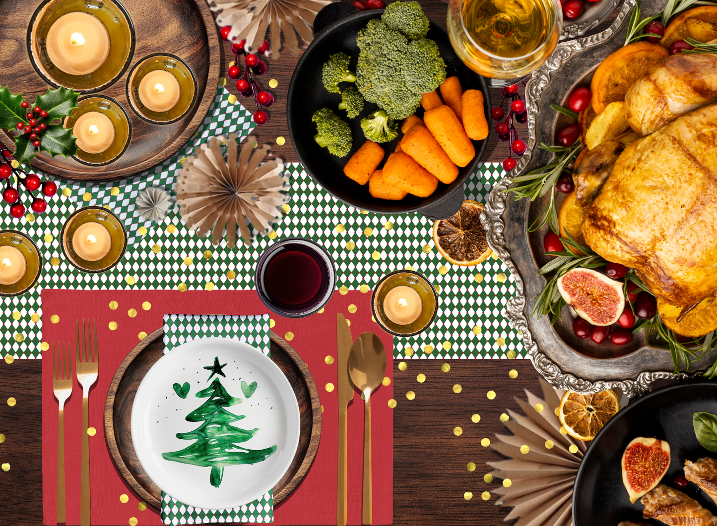 Nutcracker Drummer Green Argyle Christmas Table Runner | Festive Holiday Dining Décor, Classic Green Diamond Check