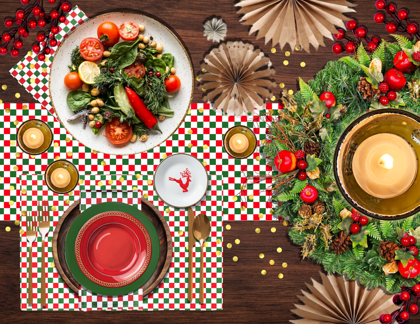 Red Green & White Gingham Polyester Napkins | Christmas Holiday Cloth Napkin Set, Festive Farmhouse Table Décor