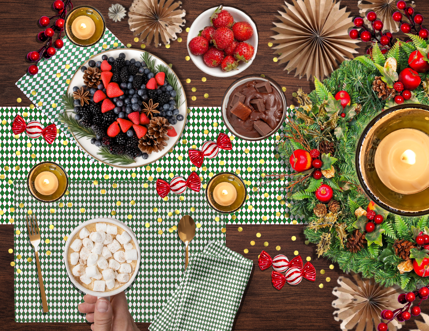 Nutcracker Drummer Green Argyle Christmas Table Runner | Festive Holiday Dining Décor, Classic Green Diamond Check