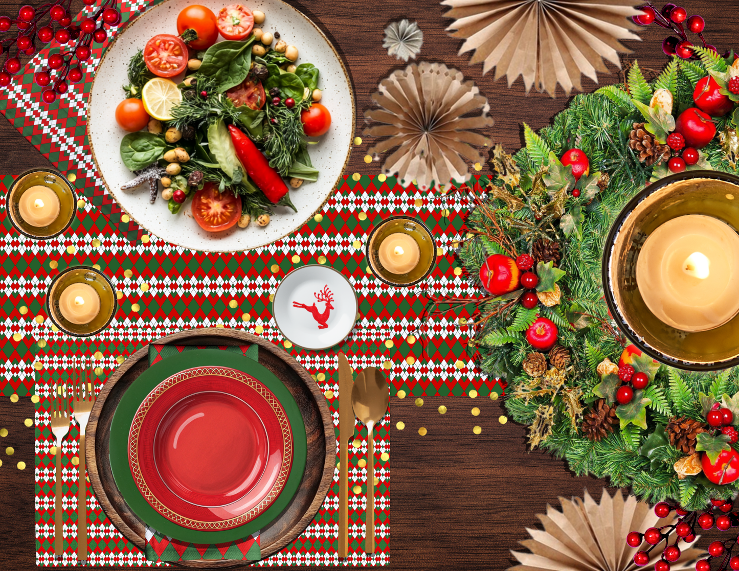 Extra Red Green & White Argyle Christmas Table Runner | Bold Holiday Dining Décor, Festive Farmhouse Diamond Check