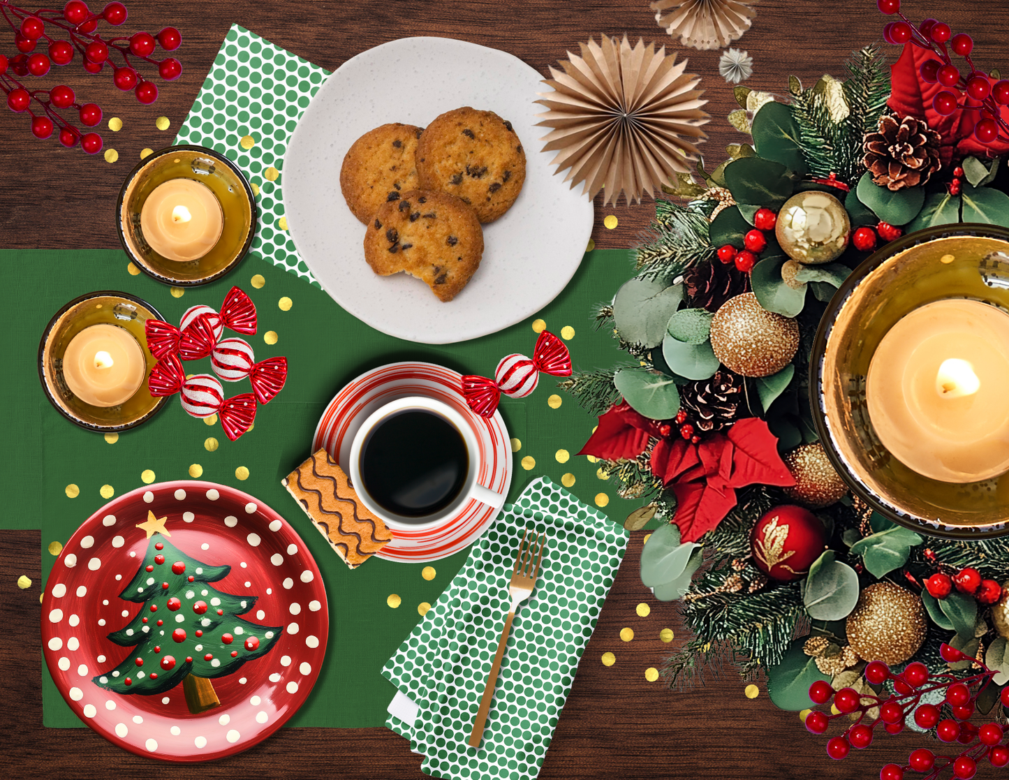 Green Polka Dot Polyester Napkins | Christmas Holiday Cloth Napkin Set, Festive Farmhouse Dining Décor