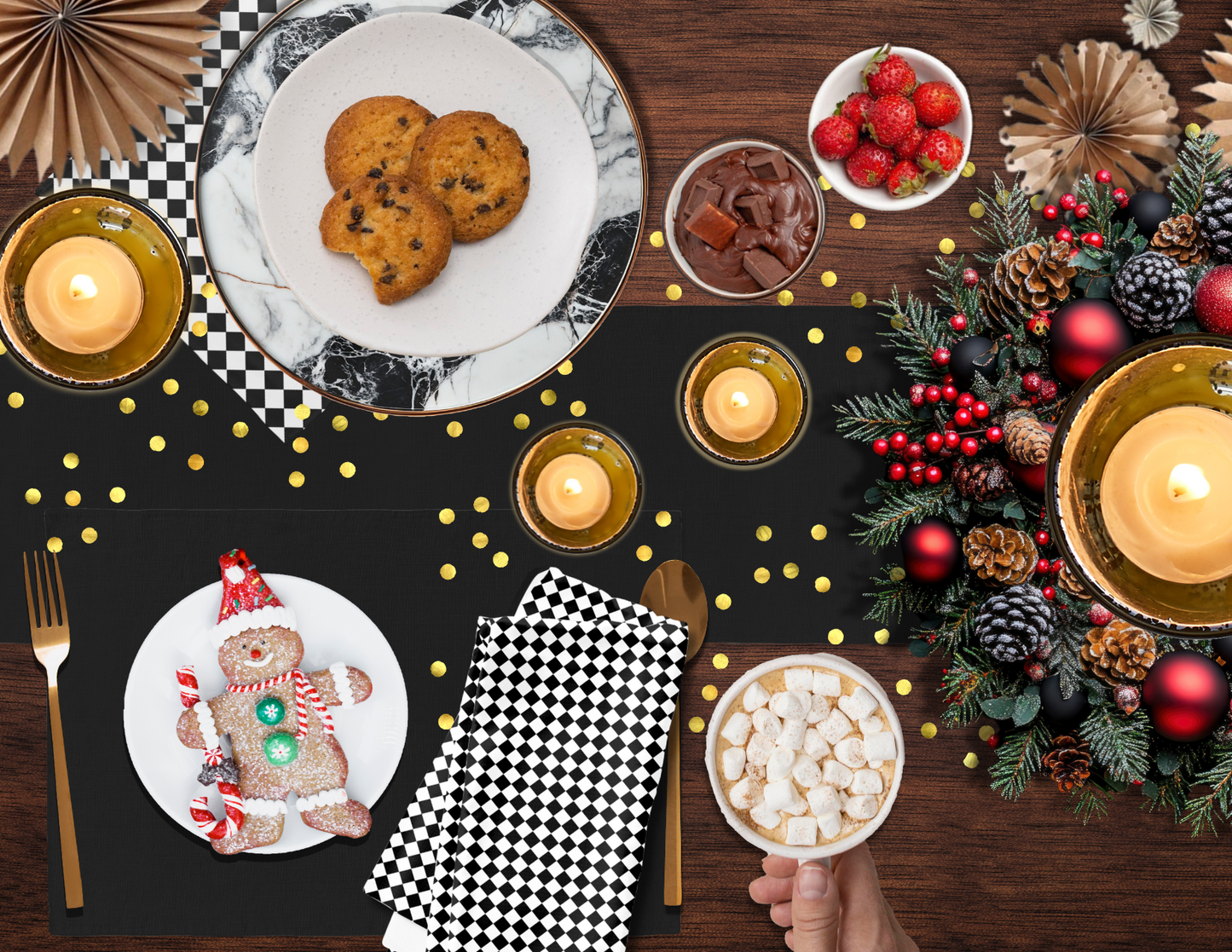 Black Christmas Table Runner | Washable Holiday Dining Decor, Modern Elegant Style