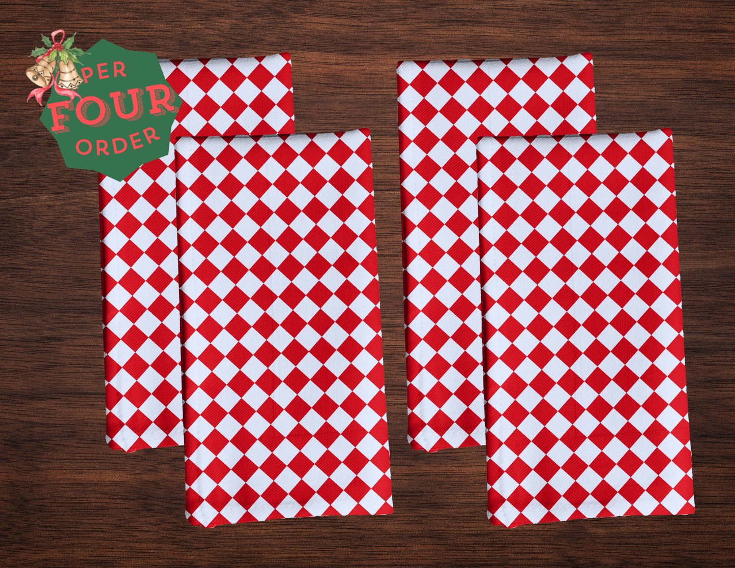 Red & White Argyle Polyester Napkins | Christmas Holiday Cloth Napkin Set, Festive Diamond Check Décor
