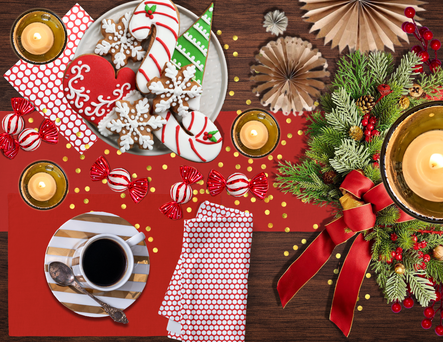 White Polka Dot on Red Polyester Napkins | Christmas Holiday Cloth Napkin Set, Festive Farmhouse Dining Décor