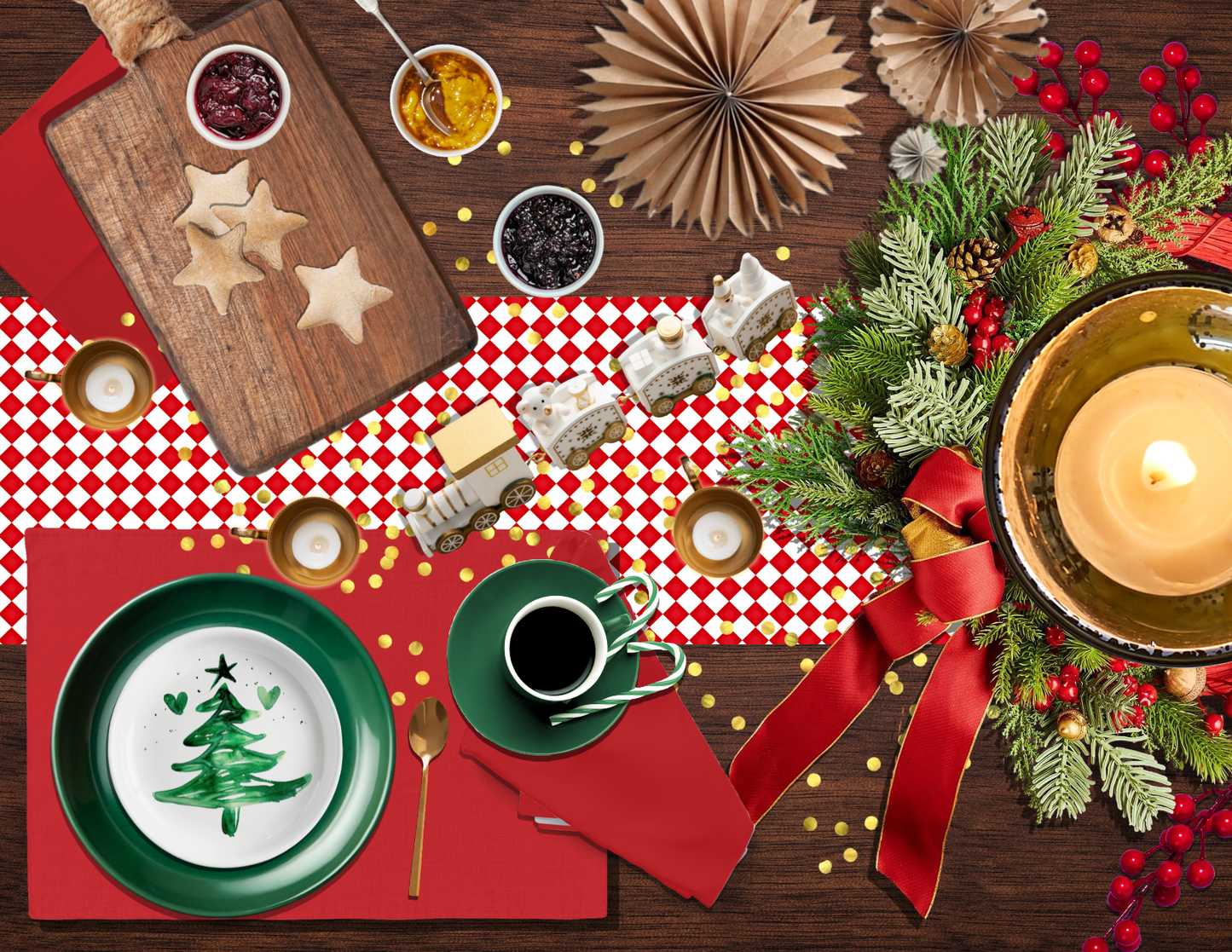 Red & White Argyle Christmas Table Runner | Festive Holiday Dining Décor, Washable Farmhouse Polyester Runner